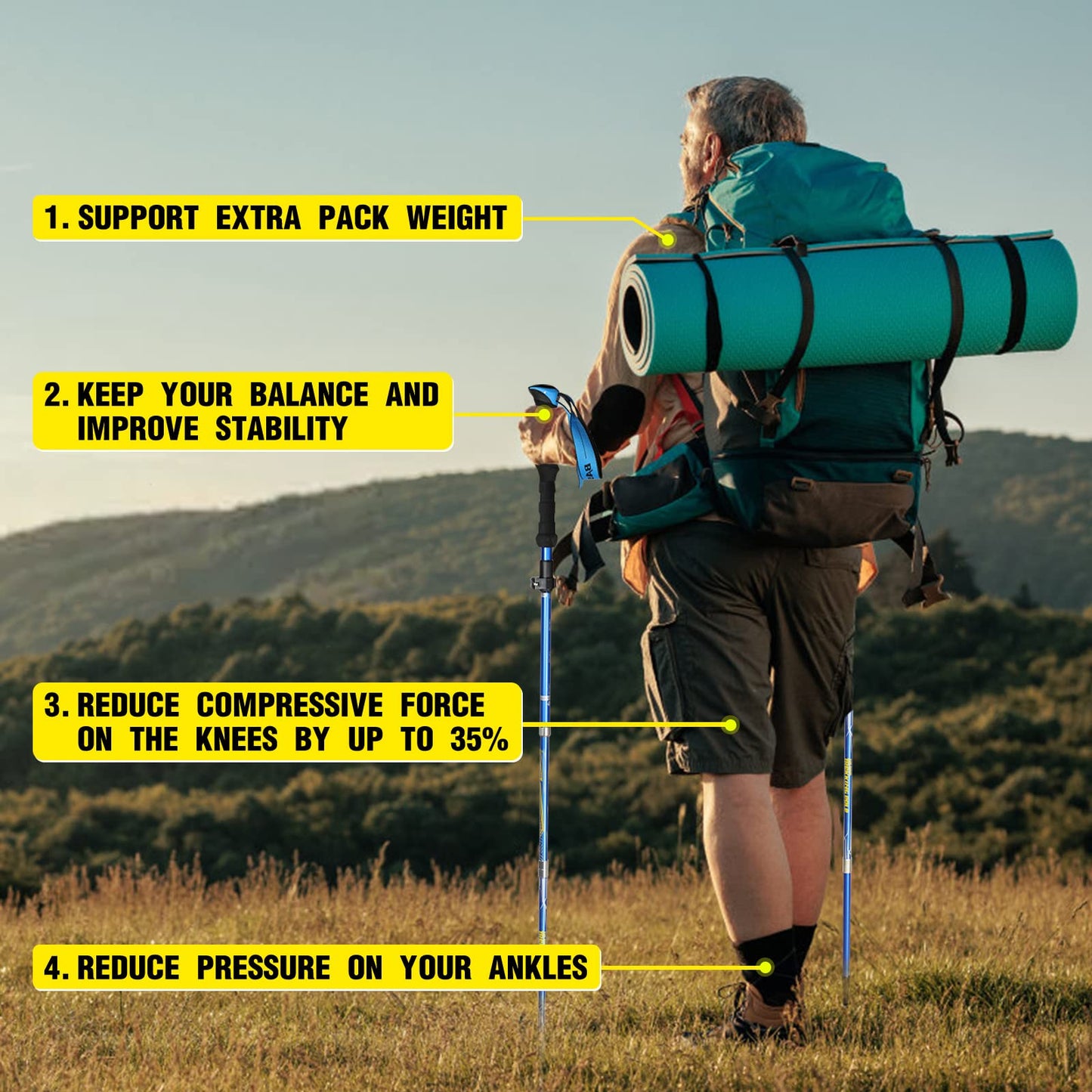 HUGSEE Hiking Poles - Nordic Walking Poles for Women and Men, Foldable Telescopic Hiking Poles 110-135cm, Lightweight Aluminum Trekking Poles, Clamp Closure with 4 Pairs of Rubber Tips 2 Pack (Blue)
