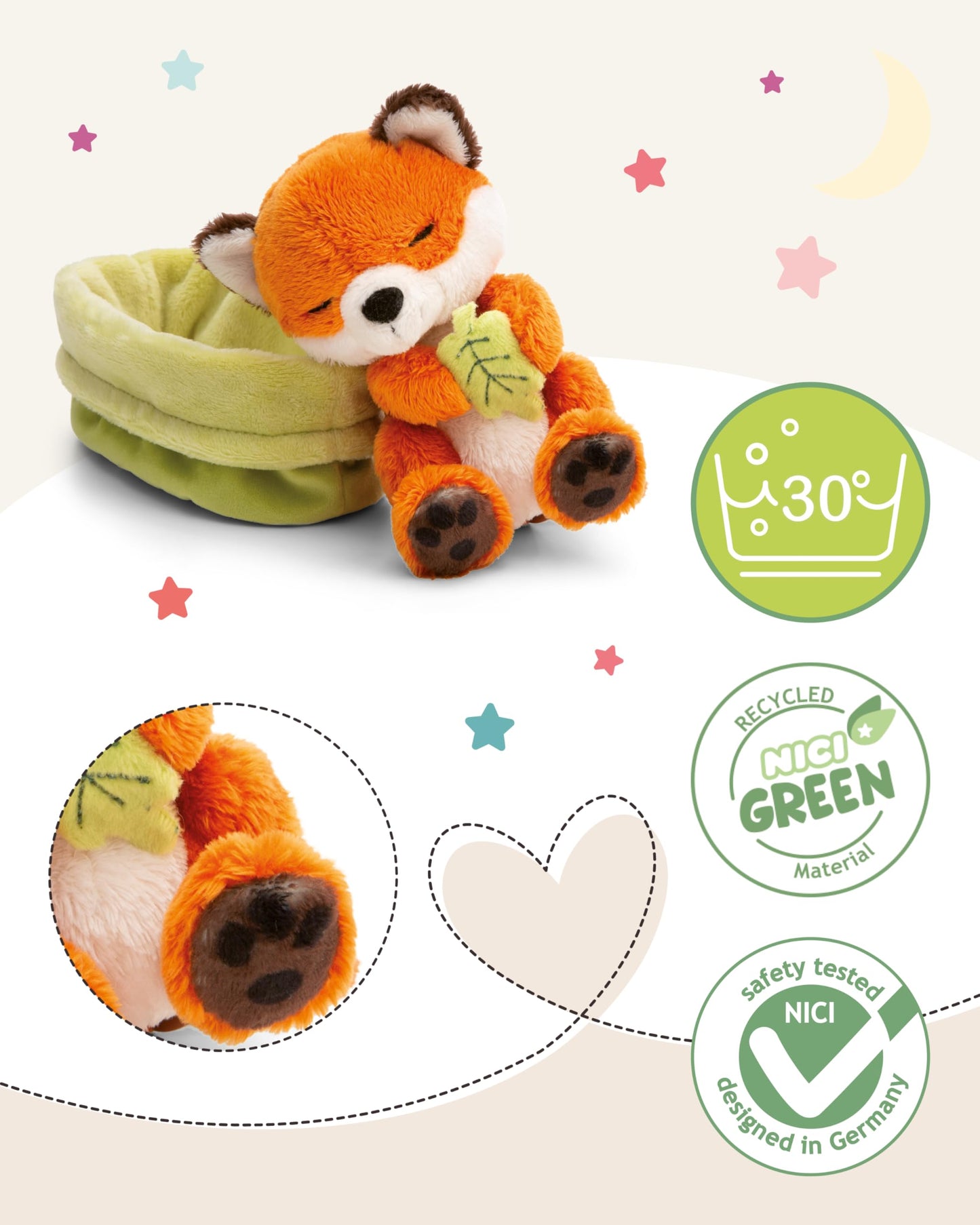 NICI cuddly toy fox with leaf 12cm sleeping in basket - orange - made of soft plush, cute plush toy for cuddling and playing, for children & adults - 61581