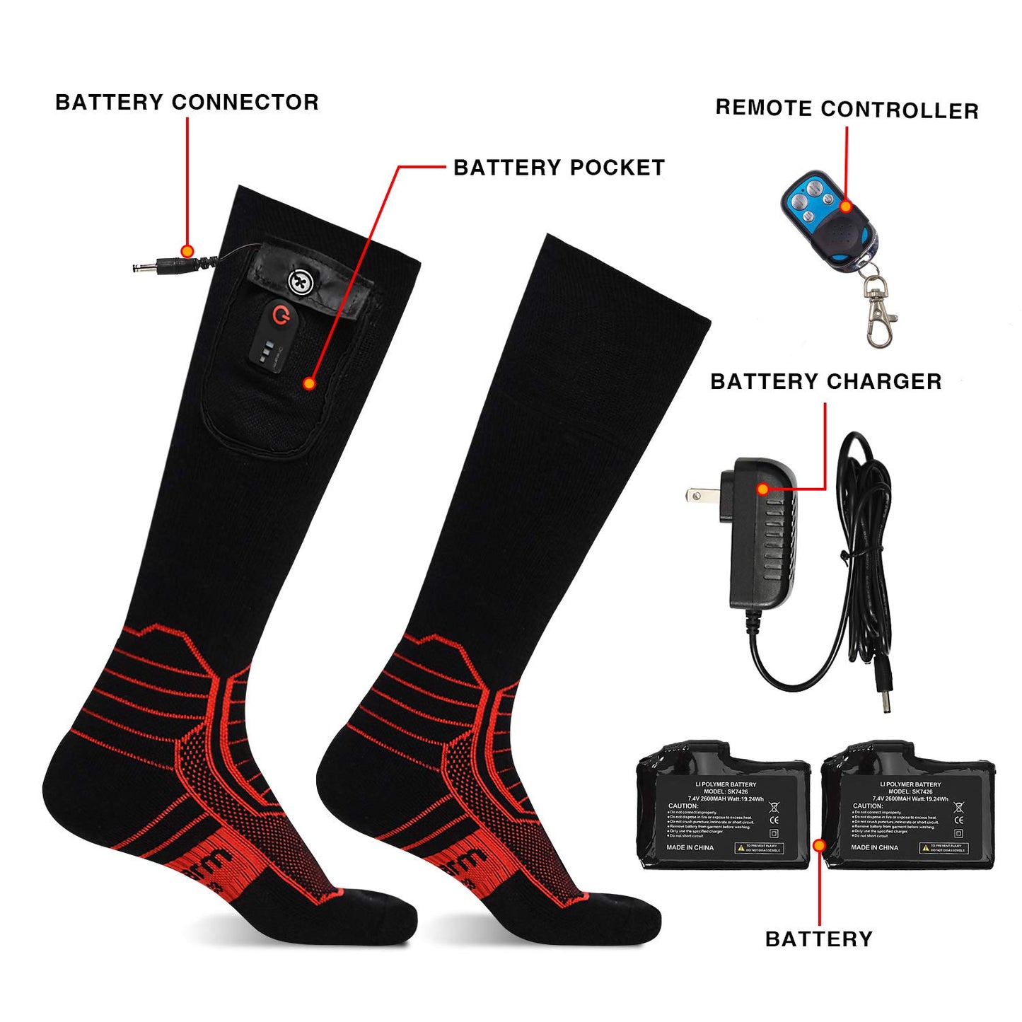 DR. WARM Heated Socks Men Women, 7.4V 3000MAH Electric Rechargeable Battery Socks, Winter Cotton Socks Foot Warmer (Black/Red, L)