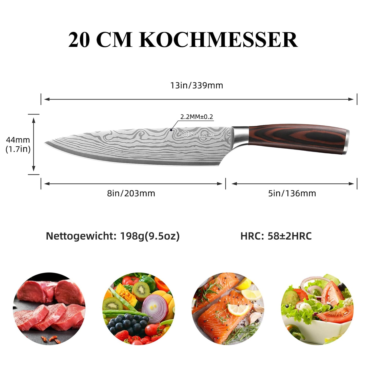 Sunnecko 20cm kitchen knife chef knife professional sharp stainless steel meat knife with Pakkawood handle multipurpose sharp blade with gift box