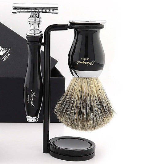 Haryali London 5-piece shaving set, double-edge razor, black badger brush, soap, bowl, stand, set as a gift.