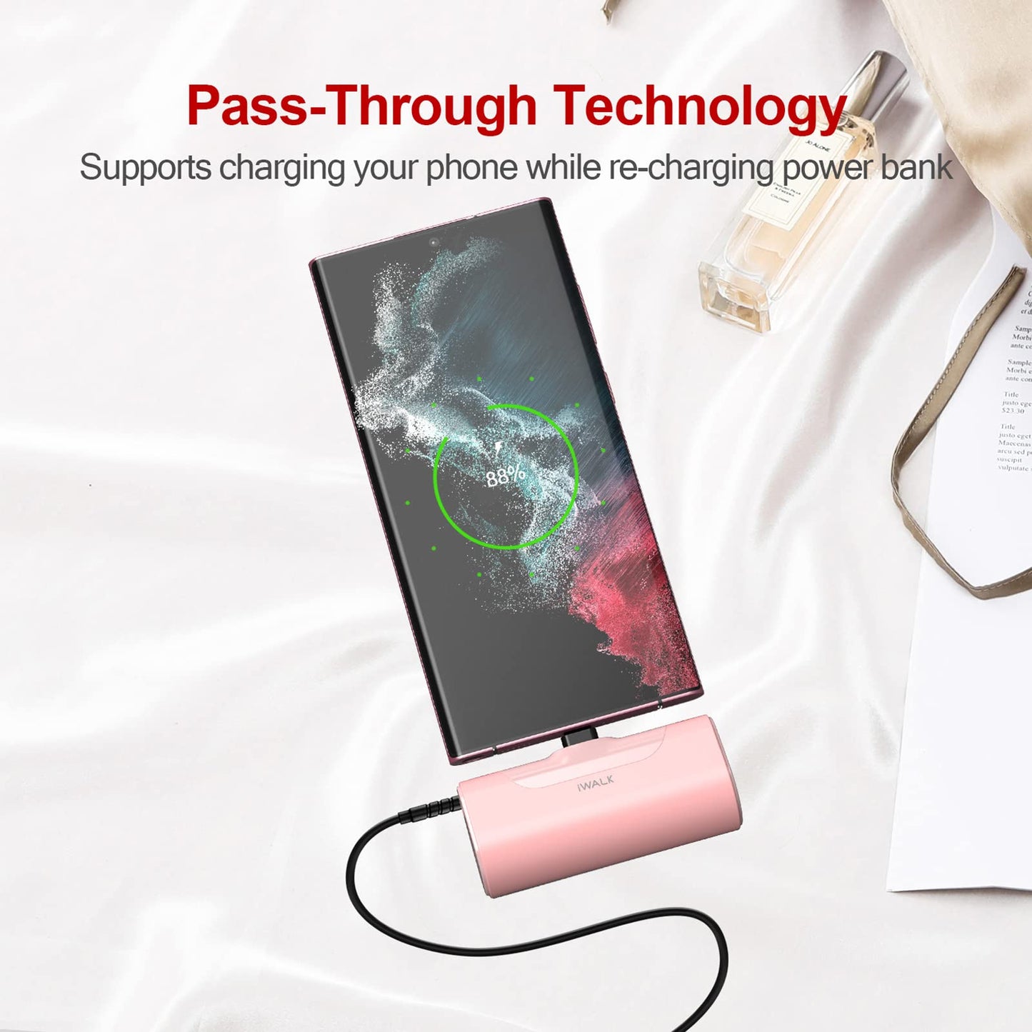 iWALK Mini Powerbank 4500mAh, USB-C portable charger, external battery for bag/travel/capacity increase, compatible with iPhone 16/15/Galaxy S25 S24/Huawei/LG/Pixel/Nexus/Redmi, Pink.