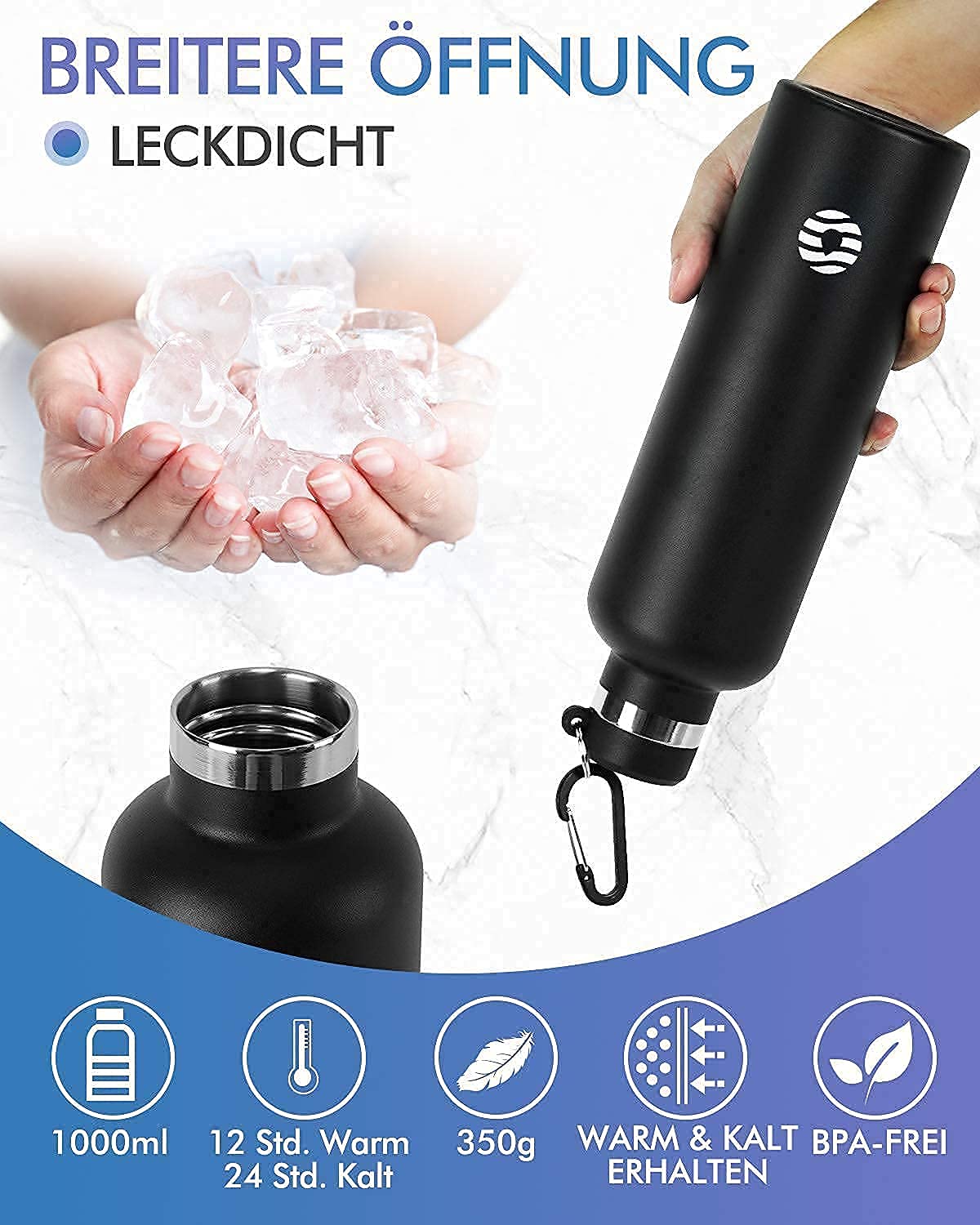 FEIJIAN Stainless Steel Water Bottle 750ml with Carabiner - Leakproof Thermos Flask for Carbonated Coffee Tea, BPA-Free Sports Outdoor Water Bottle for Sparkling Water/University/School/Camping/Biking