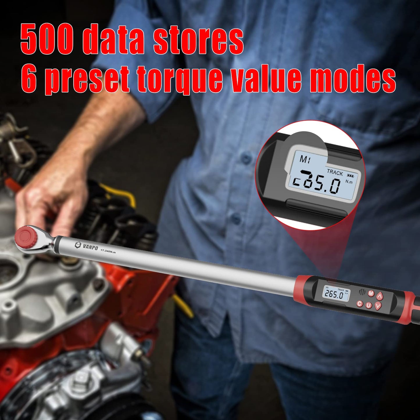 VANPO Digital Torque Wrench 1/2 Inch Auto & Motorcycle, 17-340 Nm Torque Wrench Set with preset memory, buzzer, and LED display, ± 2% accuracy.