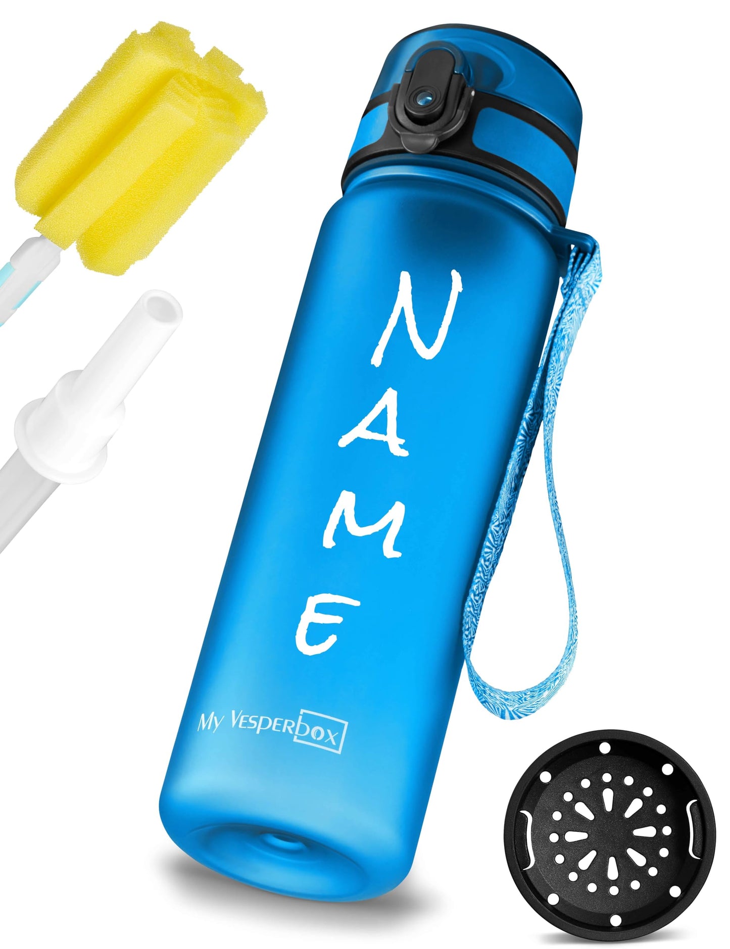 My Vesperbox - Minny - Kids Water Bottle - Personalized with your name - 500, 750, 1000ml incl. straw or sieve - BPA free - for kindergarten, school, sports, leisure (Blue 500ml)