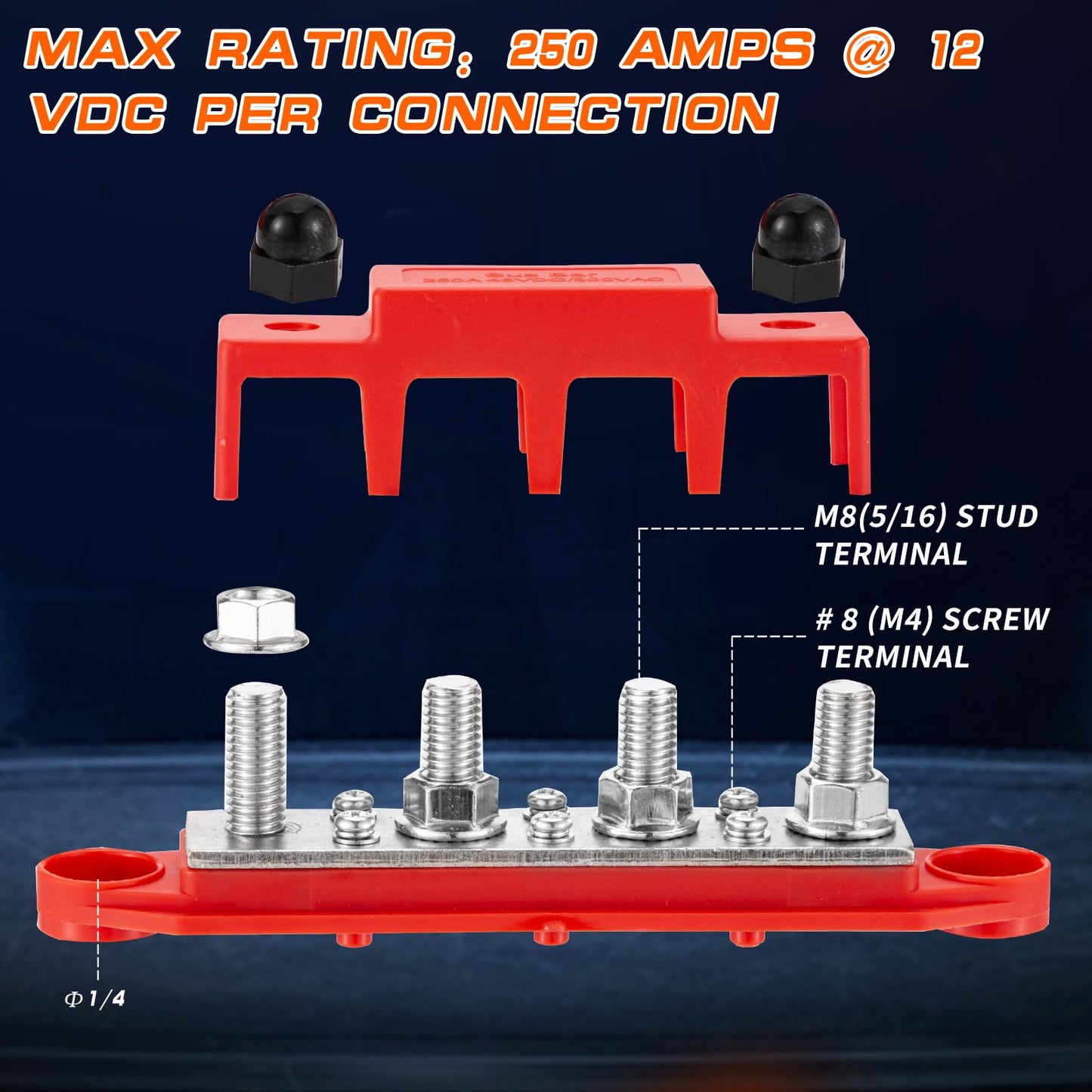250A 12V busbar with 4 x M8 (5/16") terminal studs, DC bus bar distribution block with cover, negative & positive high power bus bar box for car, boat, solar system (M8)