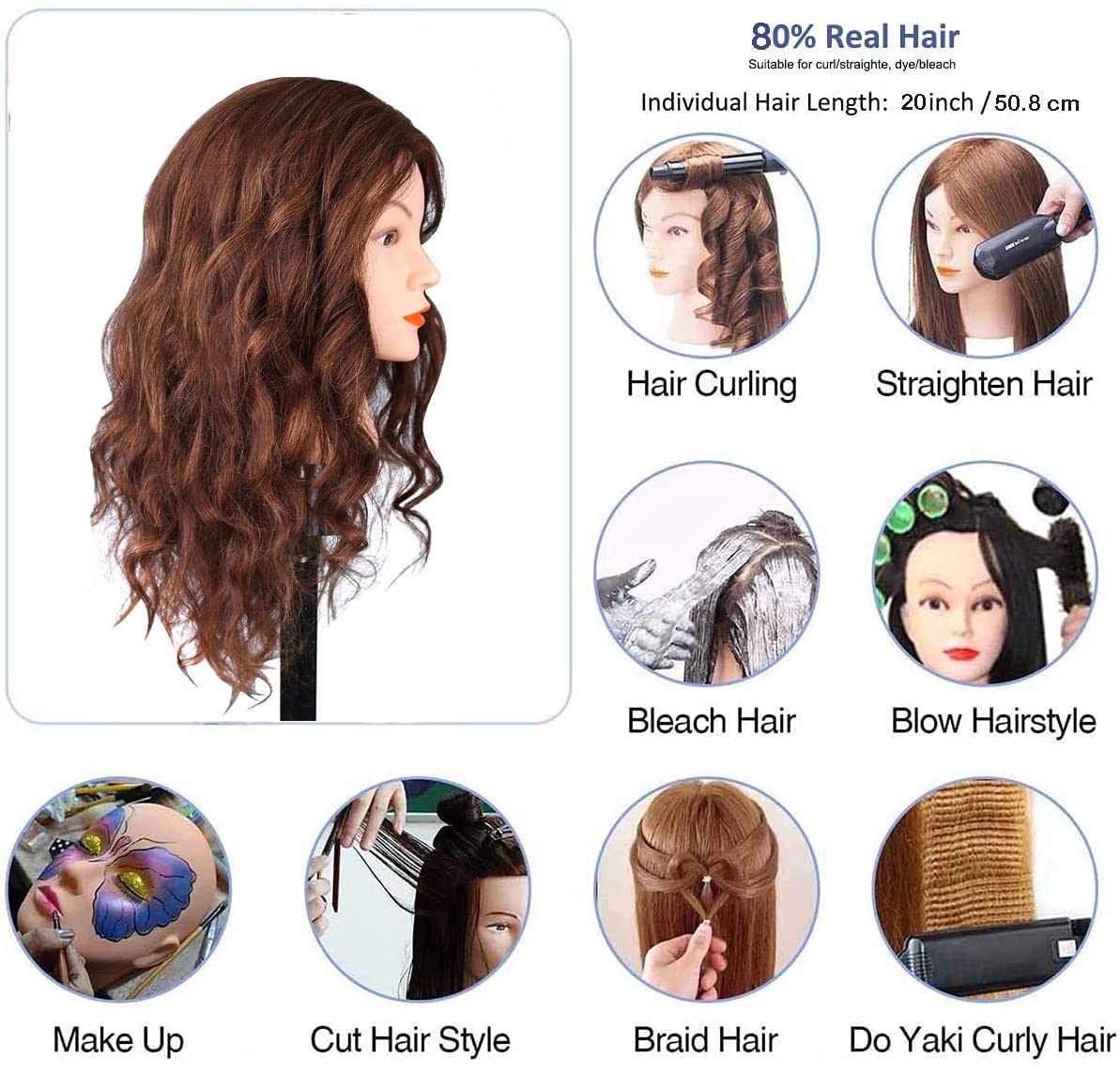 Mannequin head with 100% real hair, 45.7 cm, Dark Brown, Cosmetology, Practice Head, Doll heads with clamp holder and tools by SZCY LLC.