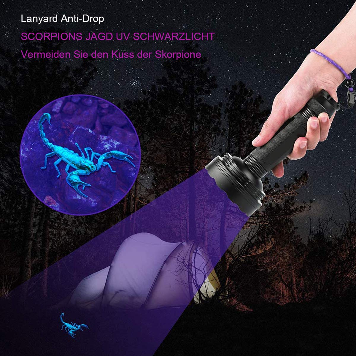 Blacklight flashlight, 128 LED UV lamp with UV protective glasses for home pet urine detectors, blacklight lamp 395nm UV light scorpion torch lamp for counterfeit money, urine from dogs, cats.