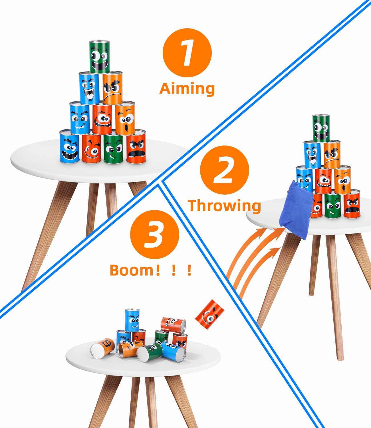 Can toss game for kids, 10 cans and 3 bean bags throwing game, kids outdoor games, children's garden games, children's birthday party games.