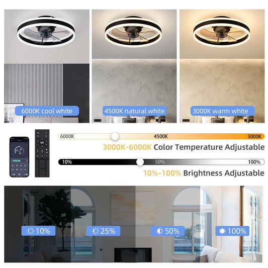EIDISUNY Ceiling Fan with Light, Modern LED Ceiling Lamp with Fan and Remote Control, 3 Color Temperatures, Quiet Ceiling Fan with Light for Living Room Bedroom (Black-60W)