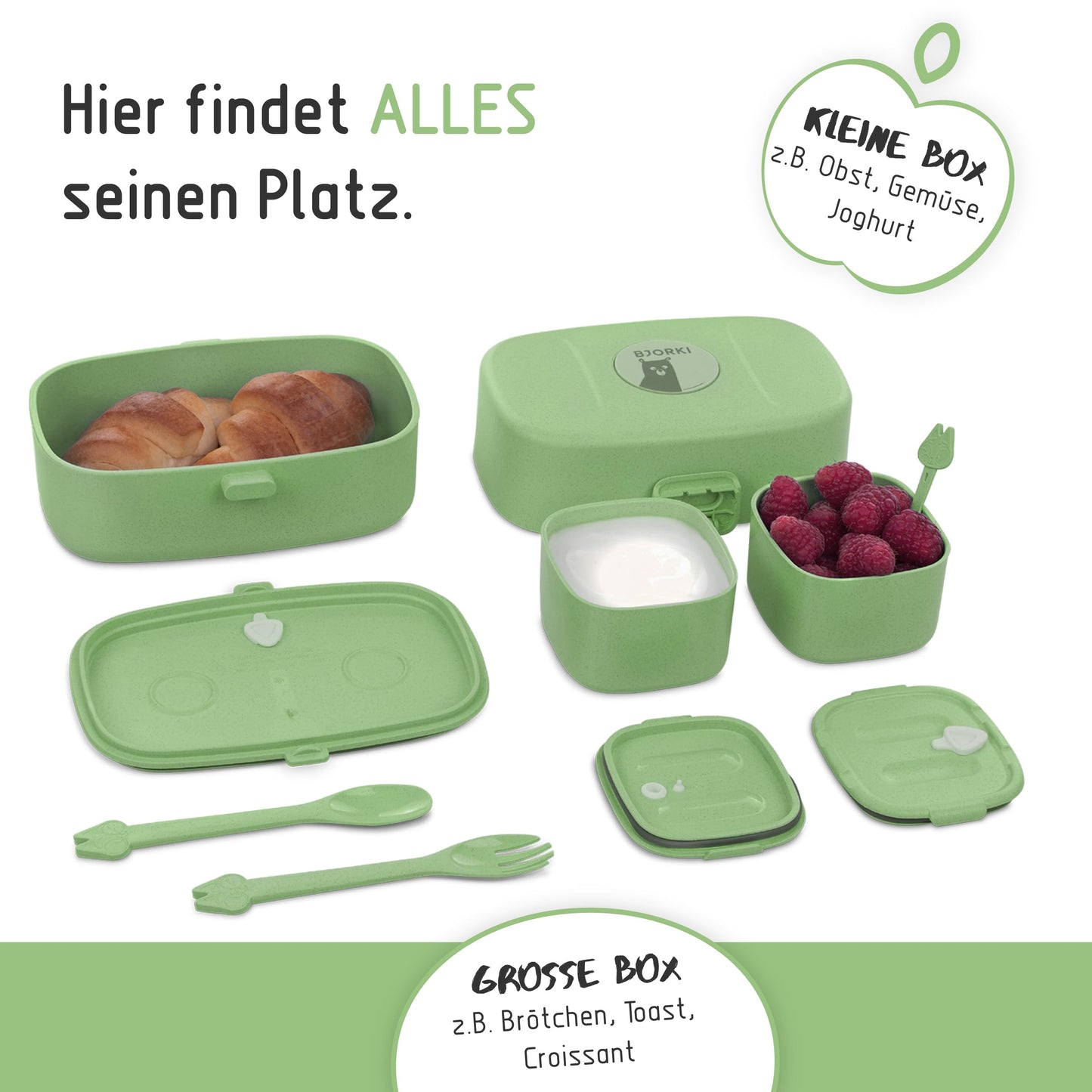 BJORKI® Bento Box for Kids with FREE name sticker - Leak-proof lunchbox with compartments - Sustainable lunchbox for kindergarten & school - The snack box for on the go. (Pastel Green)