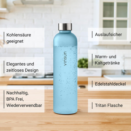 VINSUN 1l blue reusable sustainable bottle, suitable for carbonation, BPA-free, Tritan - sports bottle for outdoor, school, university, bike, office, gym.