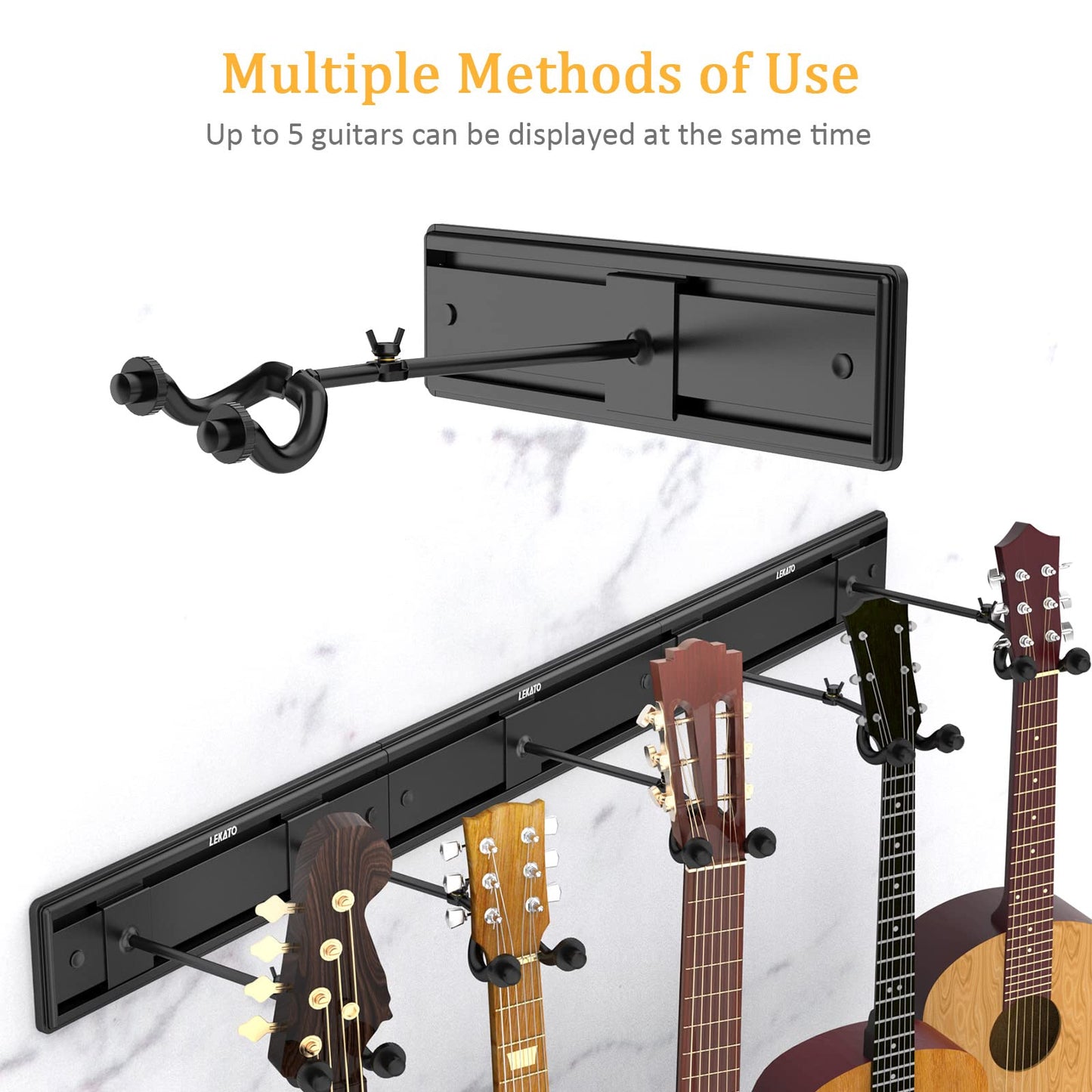 LEKATO Wall Mount Guitar Hanger Bass Holder E-Guitar Stand for Holding 5 Gutiars & Bass Aluminum Lamella Wall Rail System Metal Guitar Rack Sewing Design