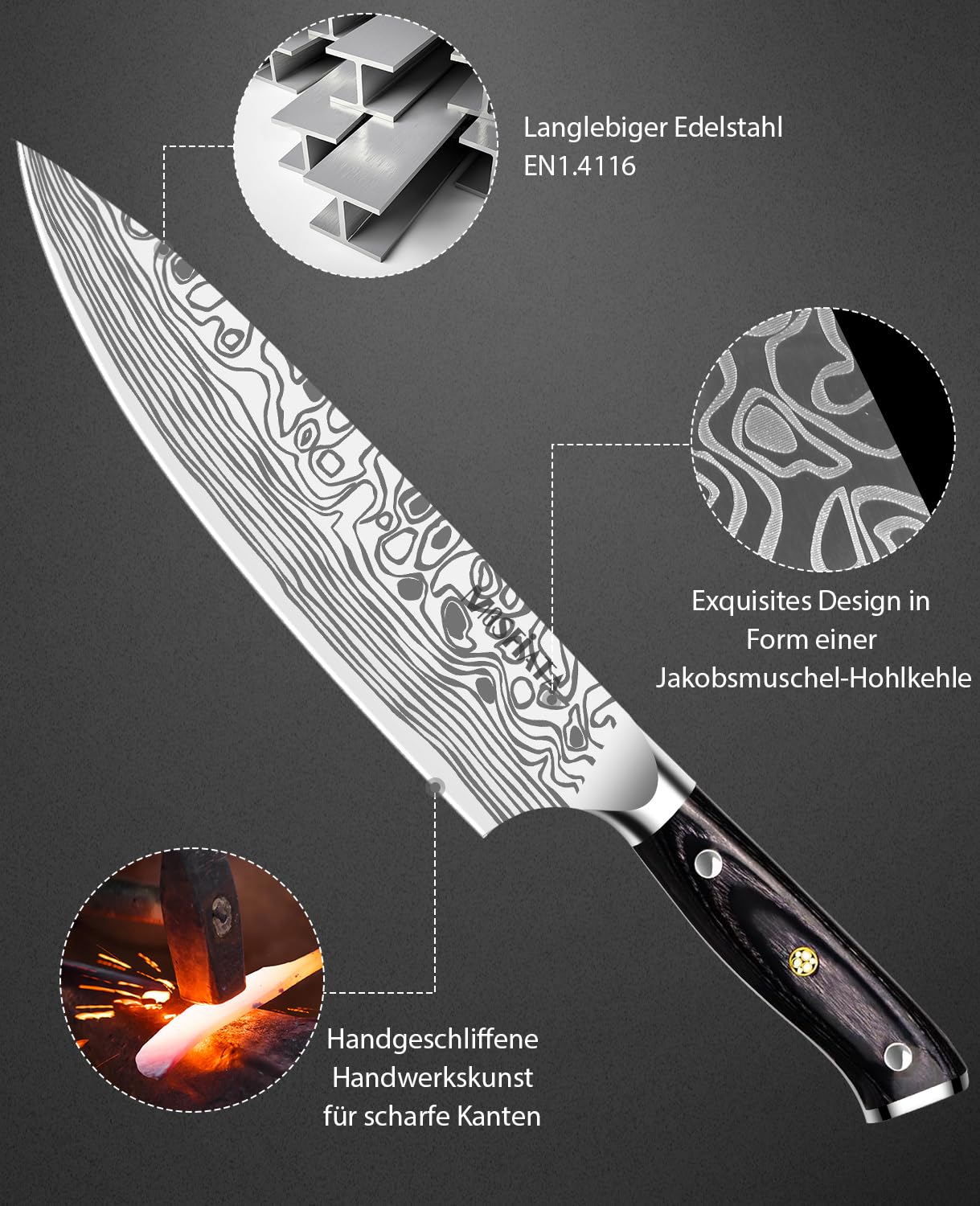 MOSFiATA chef's knife, kitchen knife, meat knife professional 20CM made of EN.4116 German stainless steel sharp blade ergonomic with finger guard and knife sharpener in gift box.