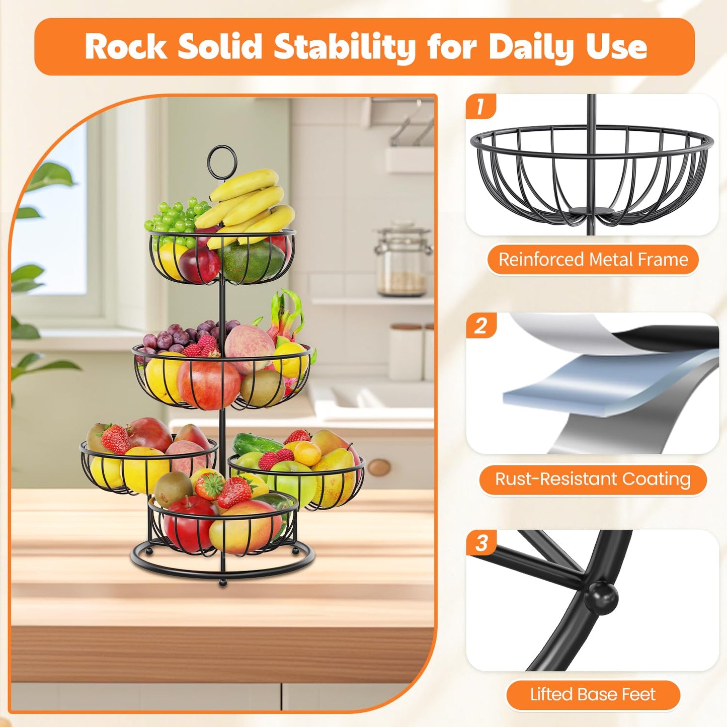 PouHenier.jh 5 floors Black Fruit Basket, Large Multi-layer Kitchen Vegetable Basket, High Metal Fruit Vegetable Stand Storage Fruit Rack, Modern Sturdy Square Fruit Container, Easy Setup