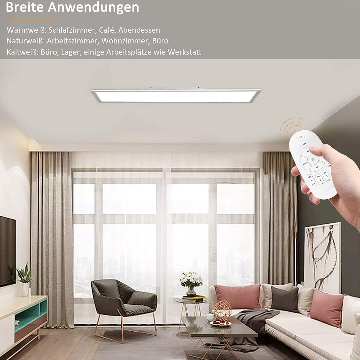 Dimmable LED ceiling light panel 100x25 cm with remote control, 28W rectangular ceiling panel with strong brightness light, 2700K - 6500K warm white cool white daylight ceiling lamp for office workshop living room