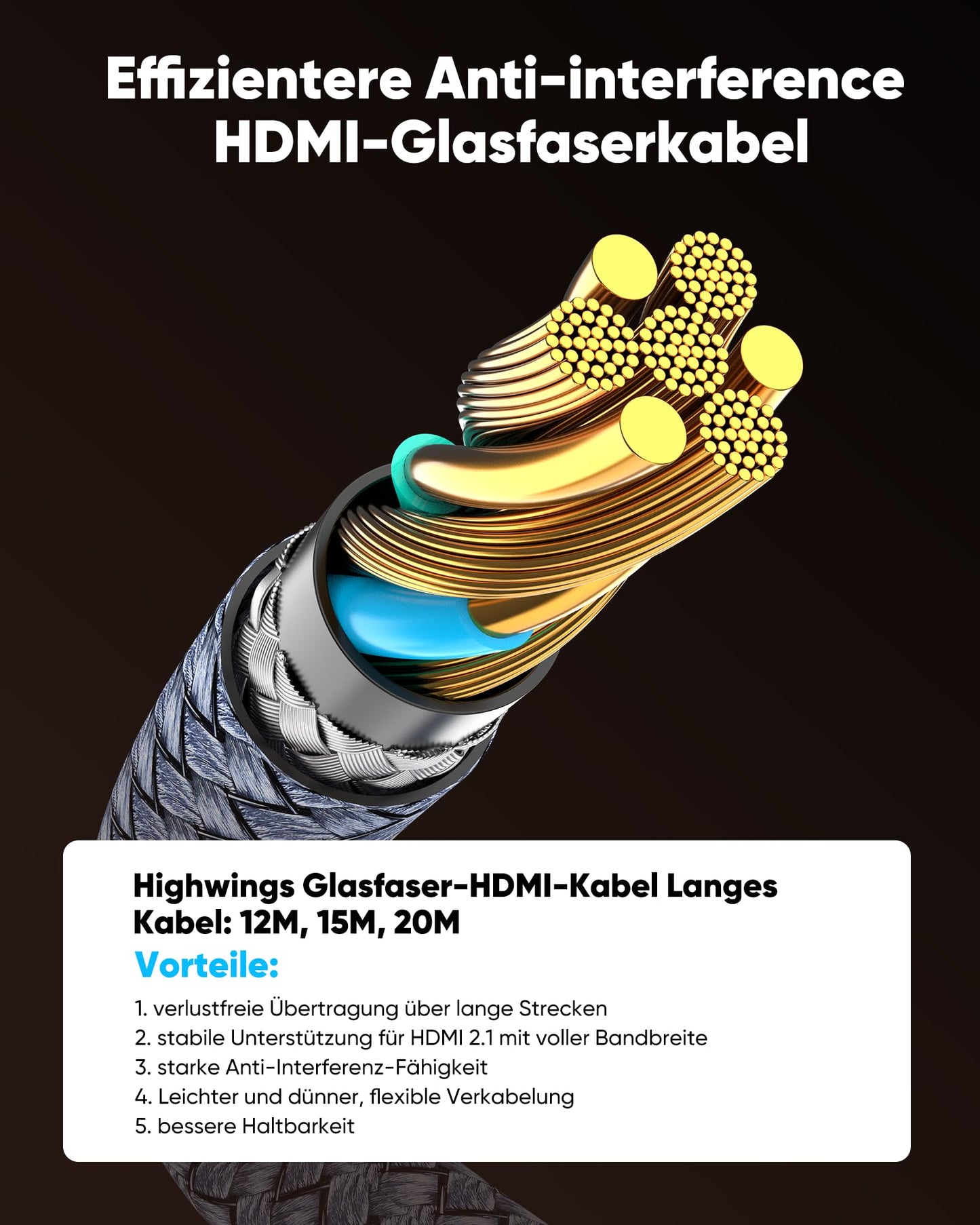 Highwings Fibre Optic HDMI Cable 20M 8K, HDMI 2.1 Cable 48Gbps Ultra Highspeed 8K@60Hz 4K@120Hz 7680P HDR10 eARC DTS:X 3D HDCP 2.2&2.3, Compatible with PS5/4/3 HDTV Blu-ray Player Monitor