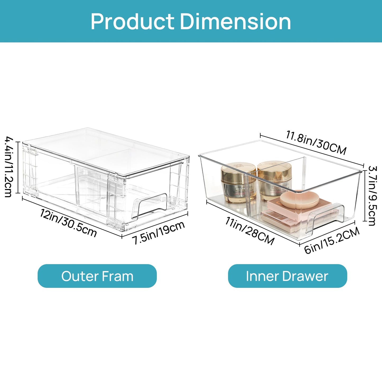 Vtopmart 4 Pieces Stackable Storage Drawers, transparent Acrylic Drawers Organizers with Handles, Storage Organizer for Fridge, Bathroom, Closet, Pantry