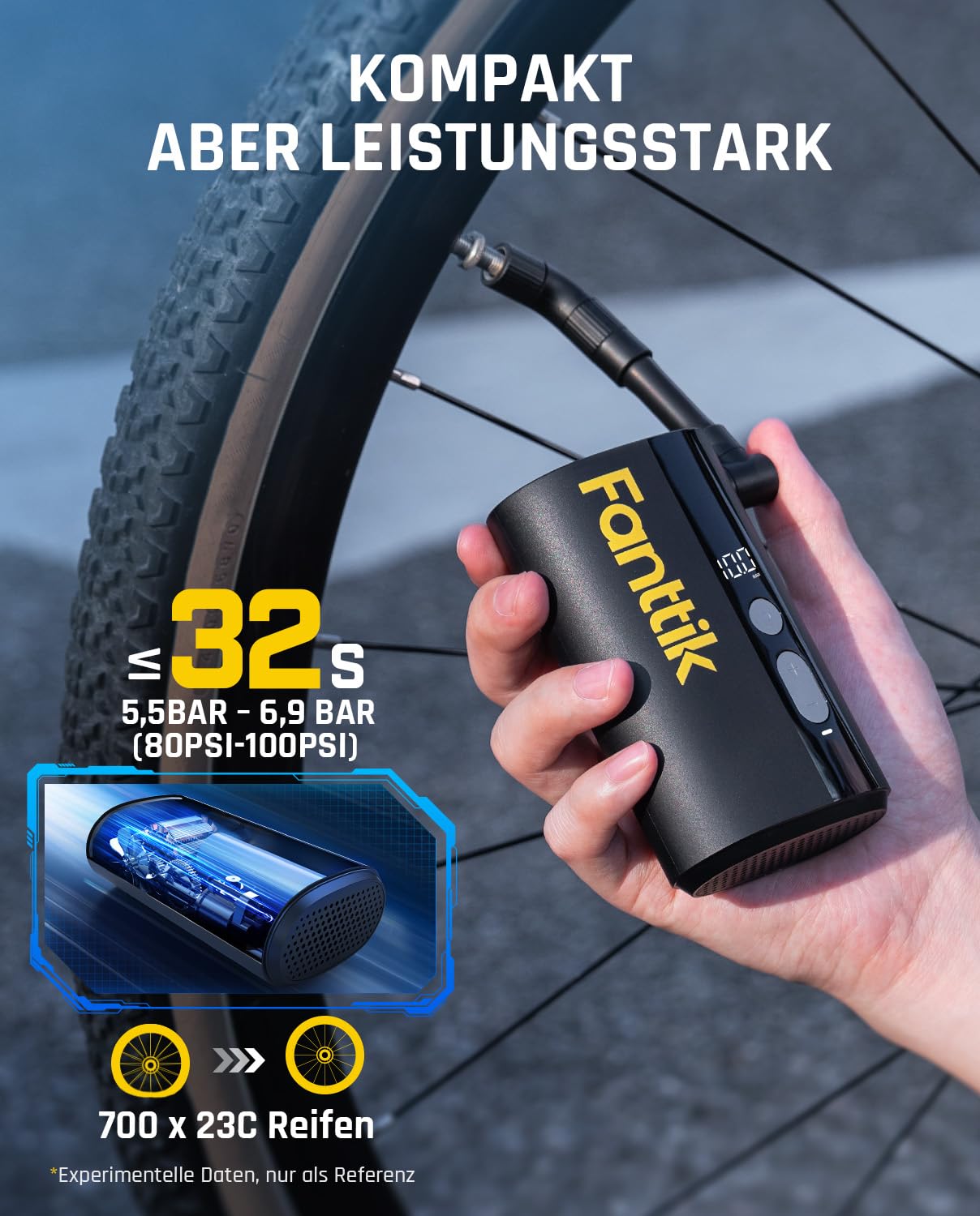 Fanttik X9 Ace Mini Bike Pump, Battery Compressor, 32s Quick-Inflatable Electric Bike Pump, 10.3BAR/150PSI Air Pump with Presta and Schrader Valve, for Road Bike, Mountain Bike, E-Bike, City Bike