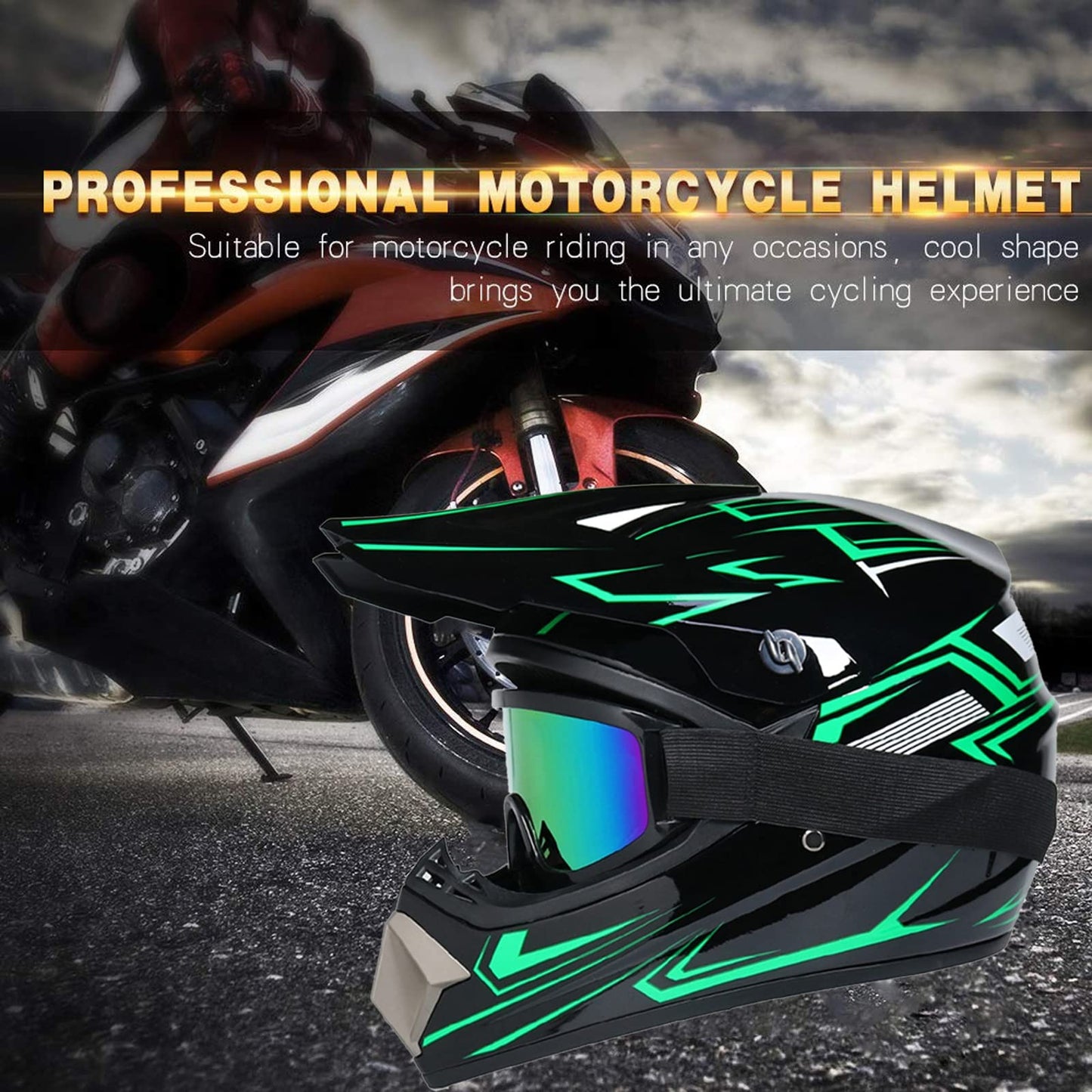 UIGJIOG Downhill Motorcycle Helmet Kids, Helmet Set Men ATV Motorcycle Helmet D.O.T Certified Helmet With Goggles Gloves, Full Face Helmet MTB Including 4 Sizes Helmet Liner, B