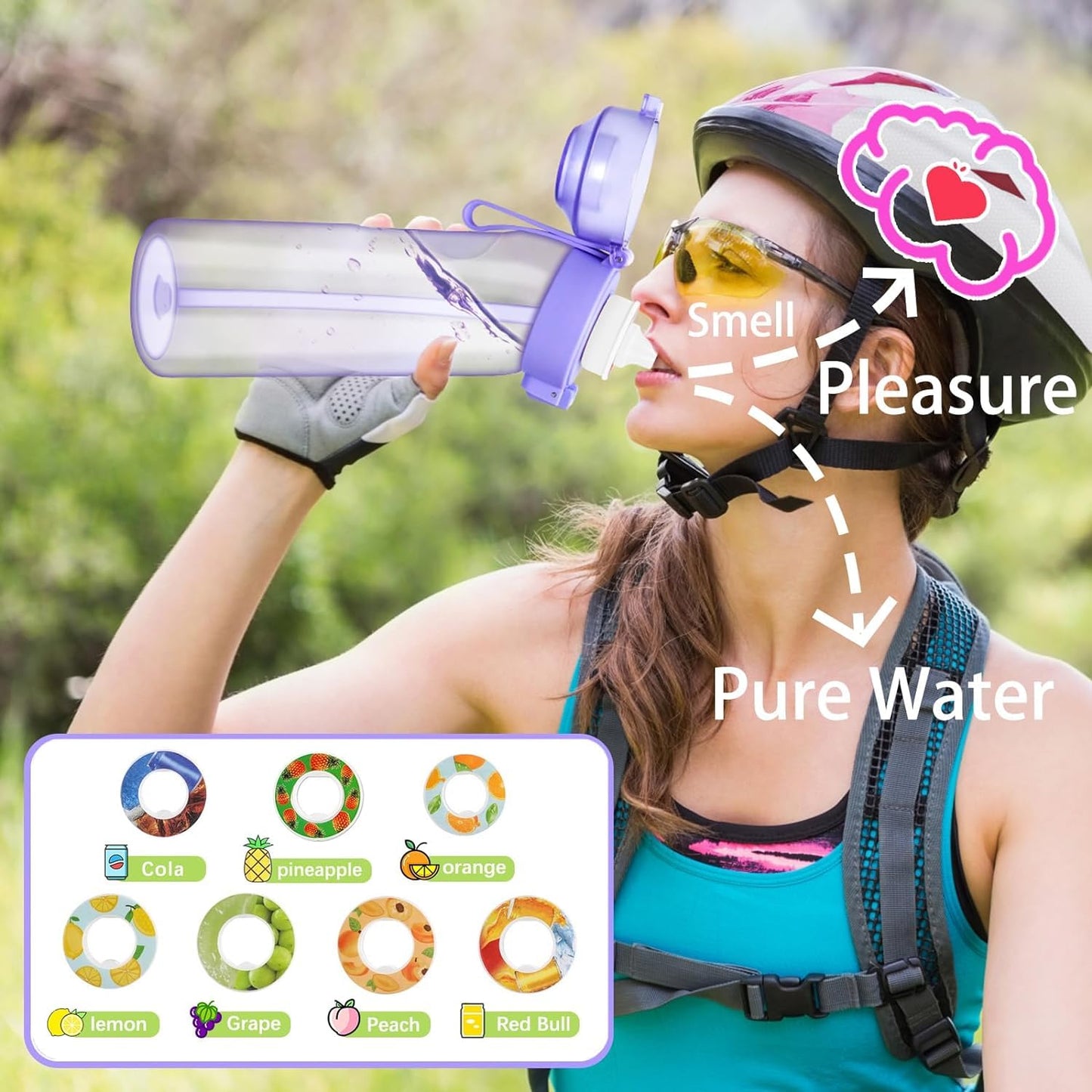 Air-water bottle, BPA-free, 650 ml, fruit-scented, water bottle with 5 flavors, leak-proof, sports water cup with straw, violet.