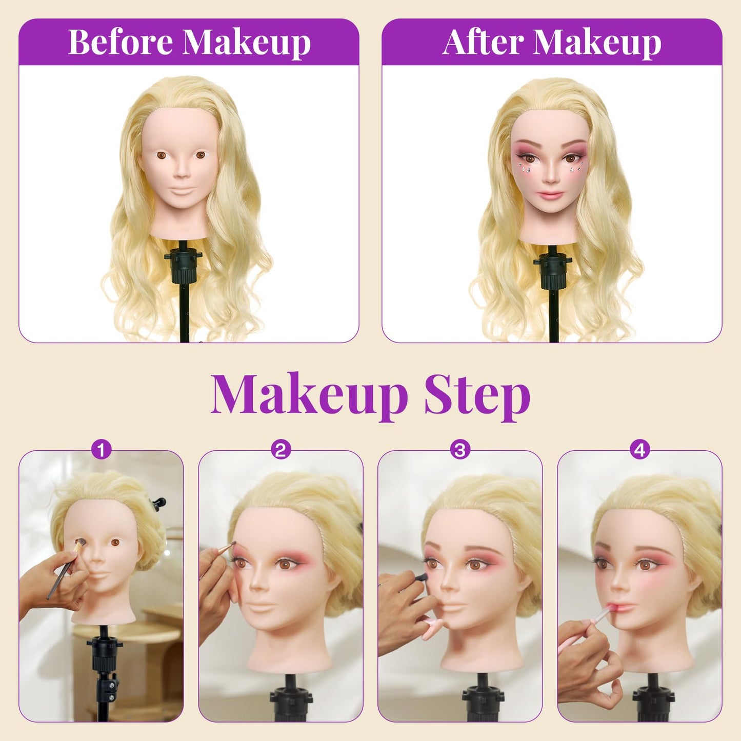 24 inch hairdressing head with 50% real hair. Ideal for practicing hair styling techniques, perfect for hairdressing students. Comes with stand and DIY hair set. Great for training hairstylists.