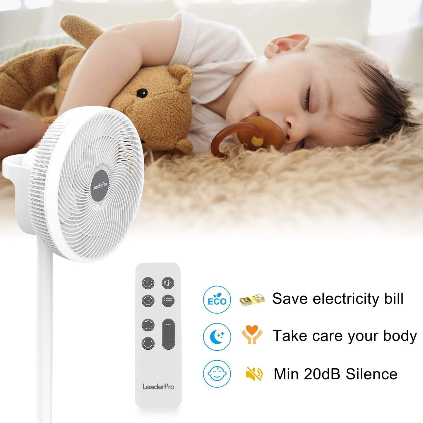 2in1 DC Motor Stand Fan - Quiet Fan 12.8dB 3D Oscillating with Remote Control/Energy Saving/Turbo Air Circulator Room Fan