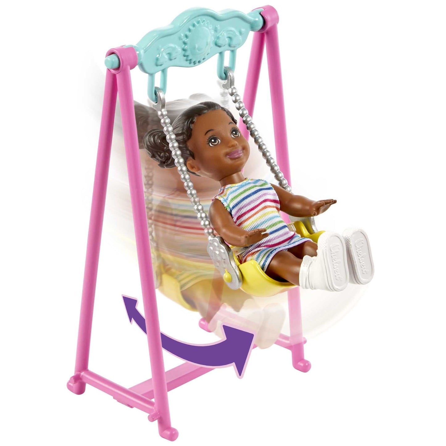 Barbie Skipper Babysitter Inc Bounce House, includes 1 Skipper doll with brown and purple hair, 1 toddler with brown braids, swing, slide, accessories, gift for kids ages 3 and up.
