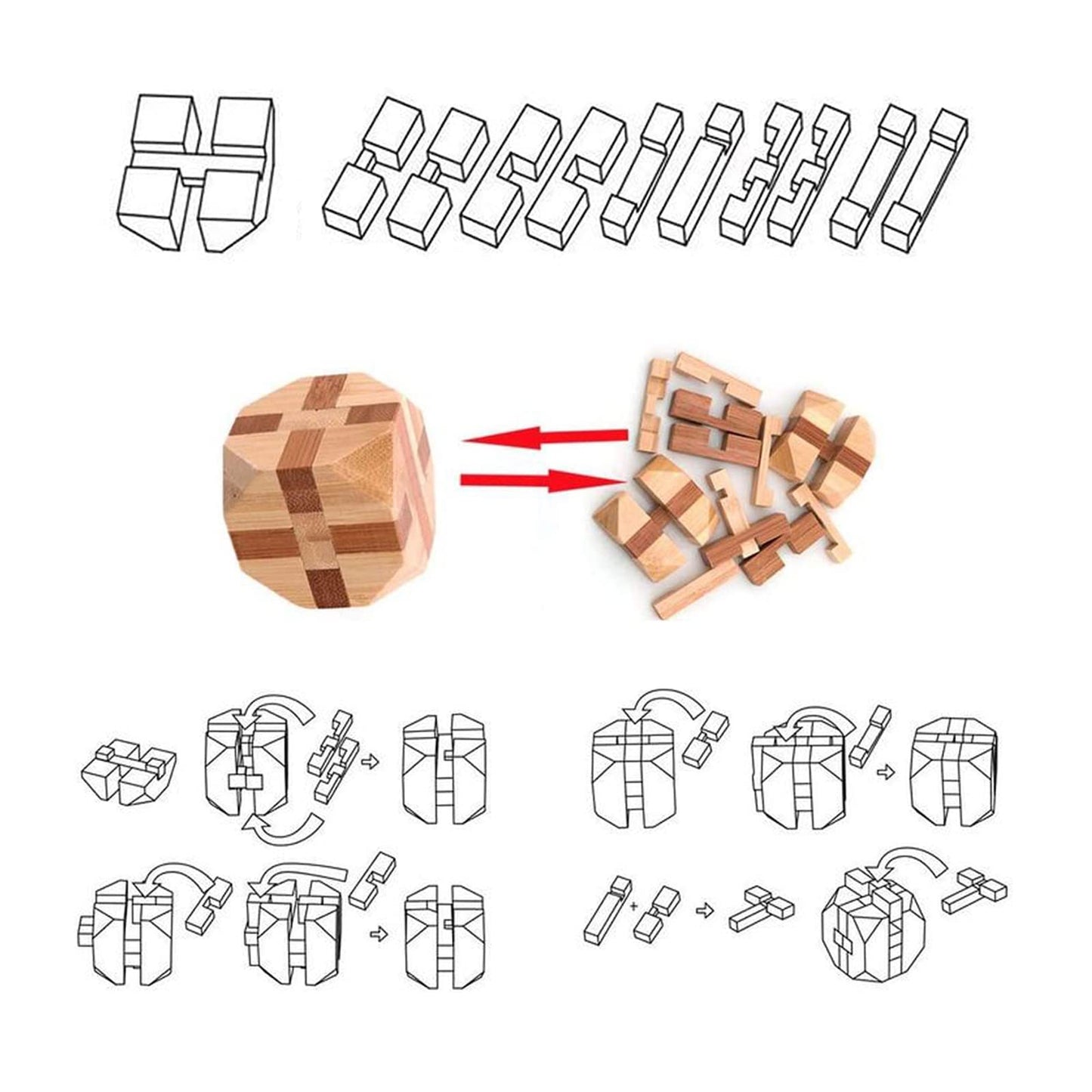 Wooden puzzle set of 9 pieces, including brain teasers, skill games, logic games, IQ games, and patience games. 3D mini puzzles for adults and kids, measuring 4.5cm. Great gift idea.