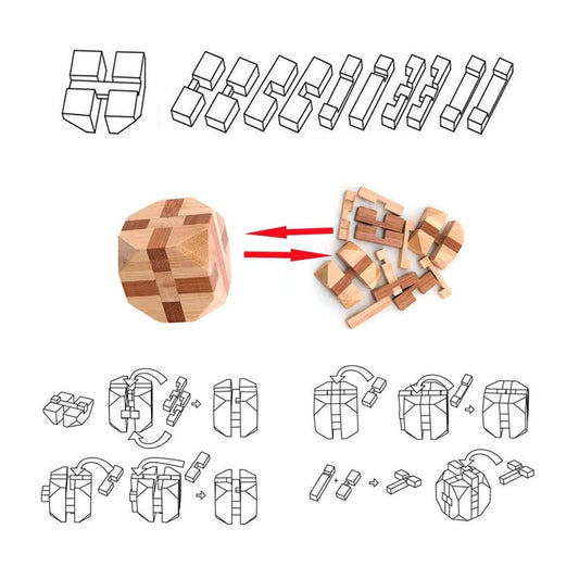 Wooden puzzle set of 9 pieces, including brain teasers, skill games, logic games, IQ games, and patience games. 3D mini puzzles for adults and kids, measuring 4.5cm. Great gift idea.