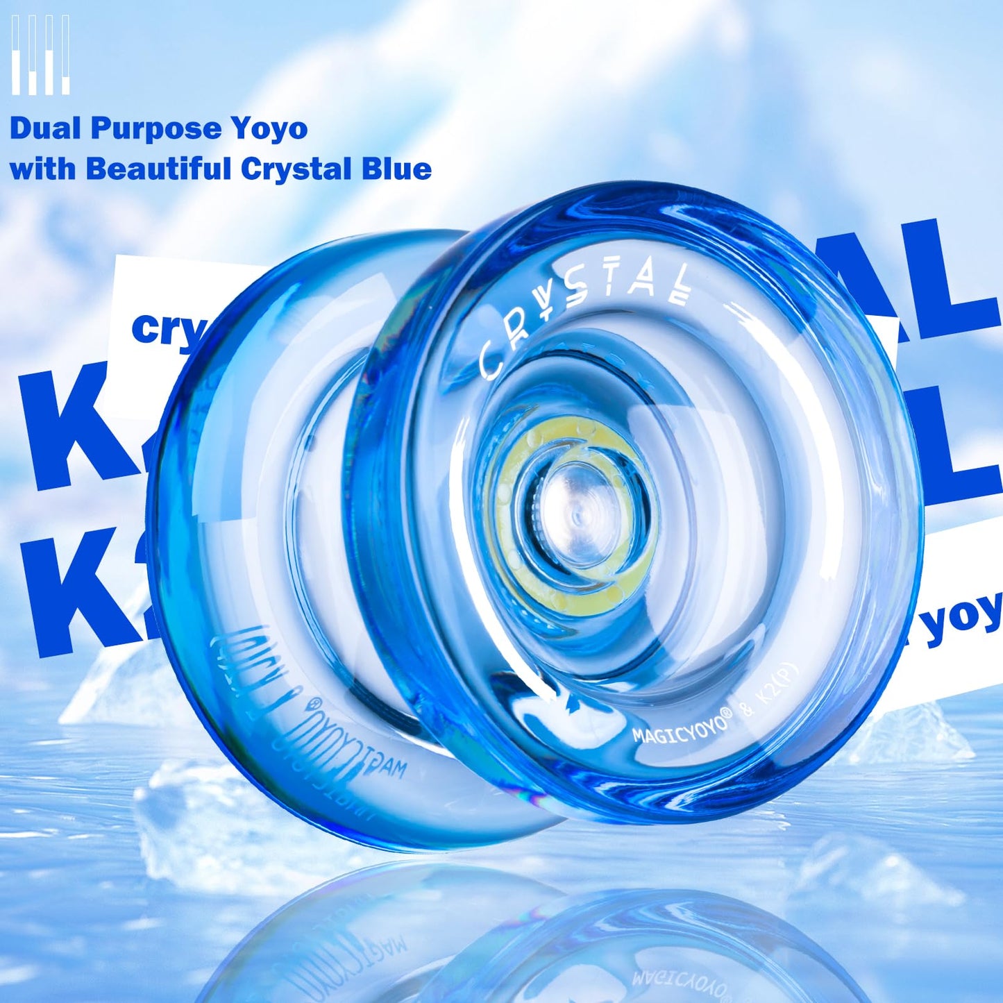 Responsive JoJo for Kids K2 Crystal Blue, plastic YoYo, professional Yoyo with Unresponsive Bearing, Trick Yoyo for Adults, with Bearing Remover, Bag, 12 Yo-Yo Strings