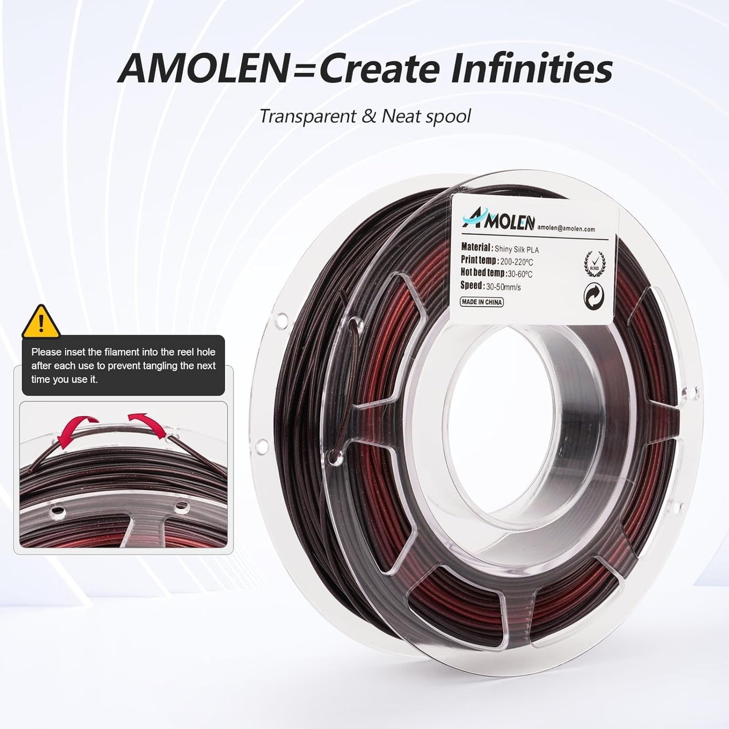AMOLEN PLA 3D printer filament – 1.75mm silky bundle, black, red, blue, purple, green – 200g x 4 spools