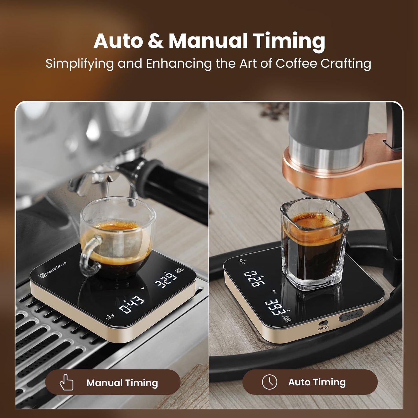Maestri House Mini Coffee Scale with Timer, Rechargeable Espresso Scale, Precise 2kg/0.1g Scale for Espresso & Pour-Over, Portable Digital Kitchen Scale with Automatic Timing