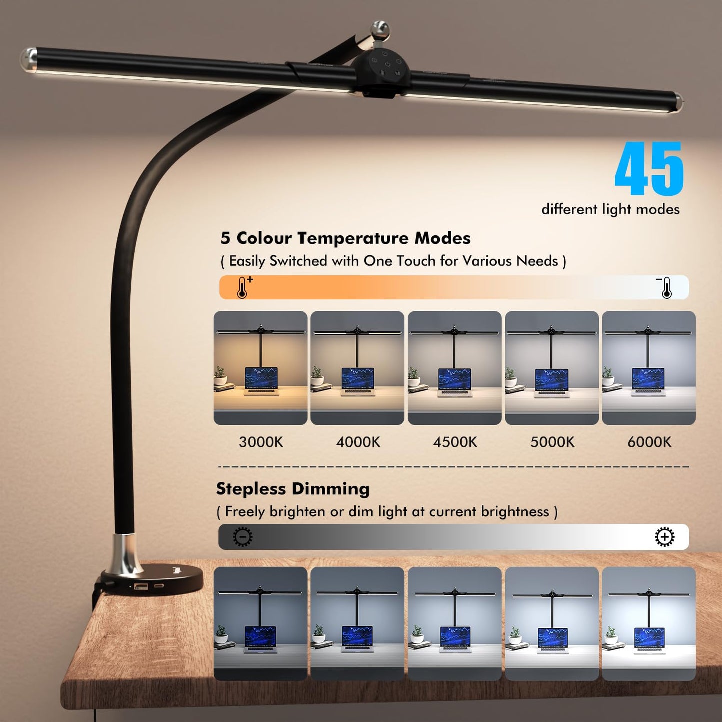 LED Dimmable Desk Lamp 24W Eye-Caring Daylight Office Table Lamp Desk Monitor Lamp Gooseneck Task Light for Home Office Architect Lamp, 6 Touch Functions