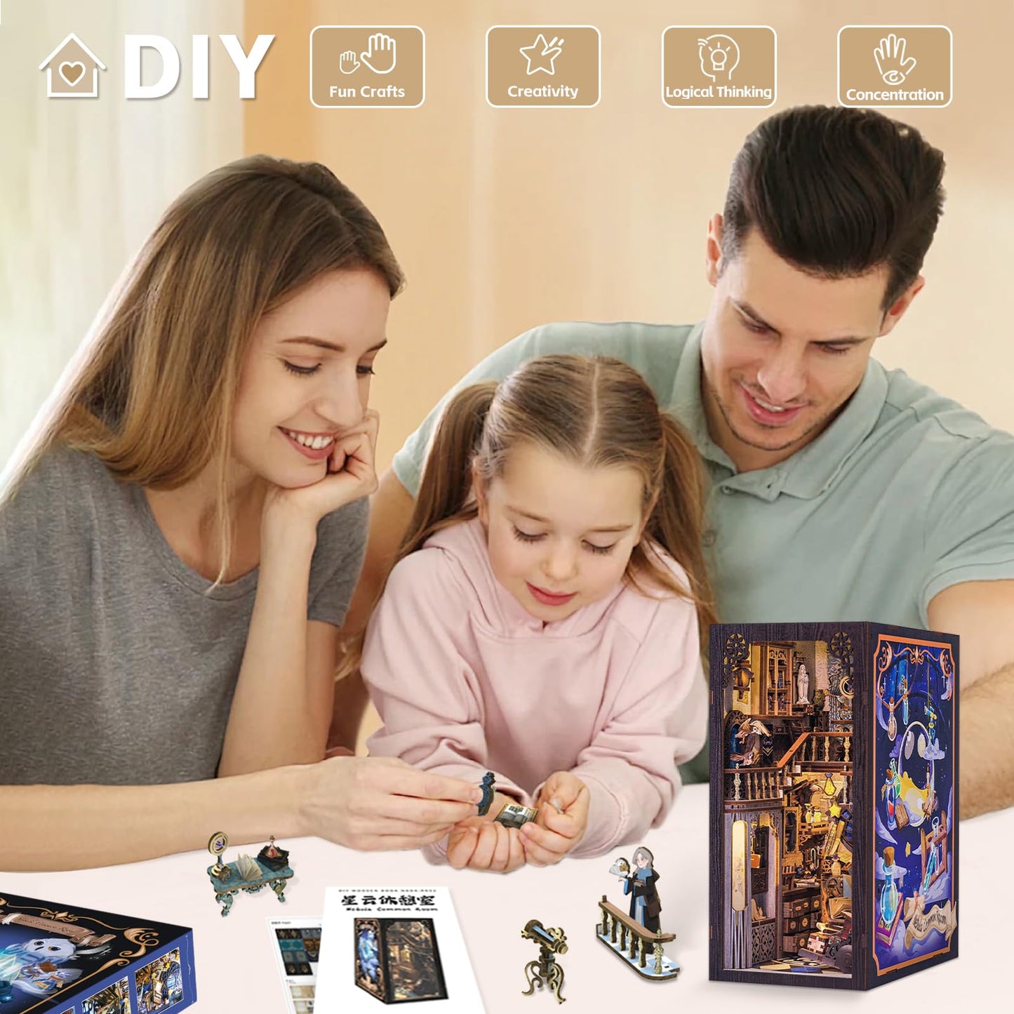 CUTEBEE Book Nook Kit - DIY Dollhouse Houses, Miniature House Building Kit for Adults with LED Lighting, 3D Puzzle & Bookshelf | Creative set for bookshelf decor | Gift (The Nebula Rest Room)