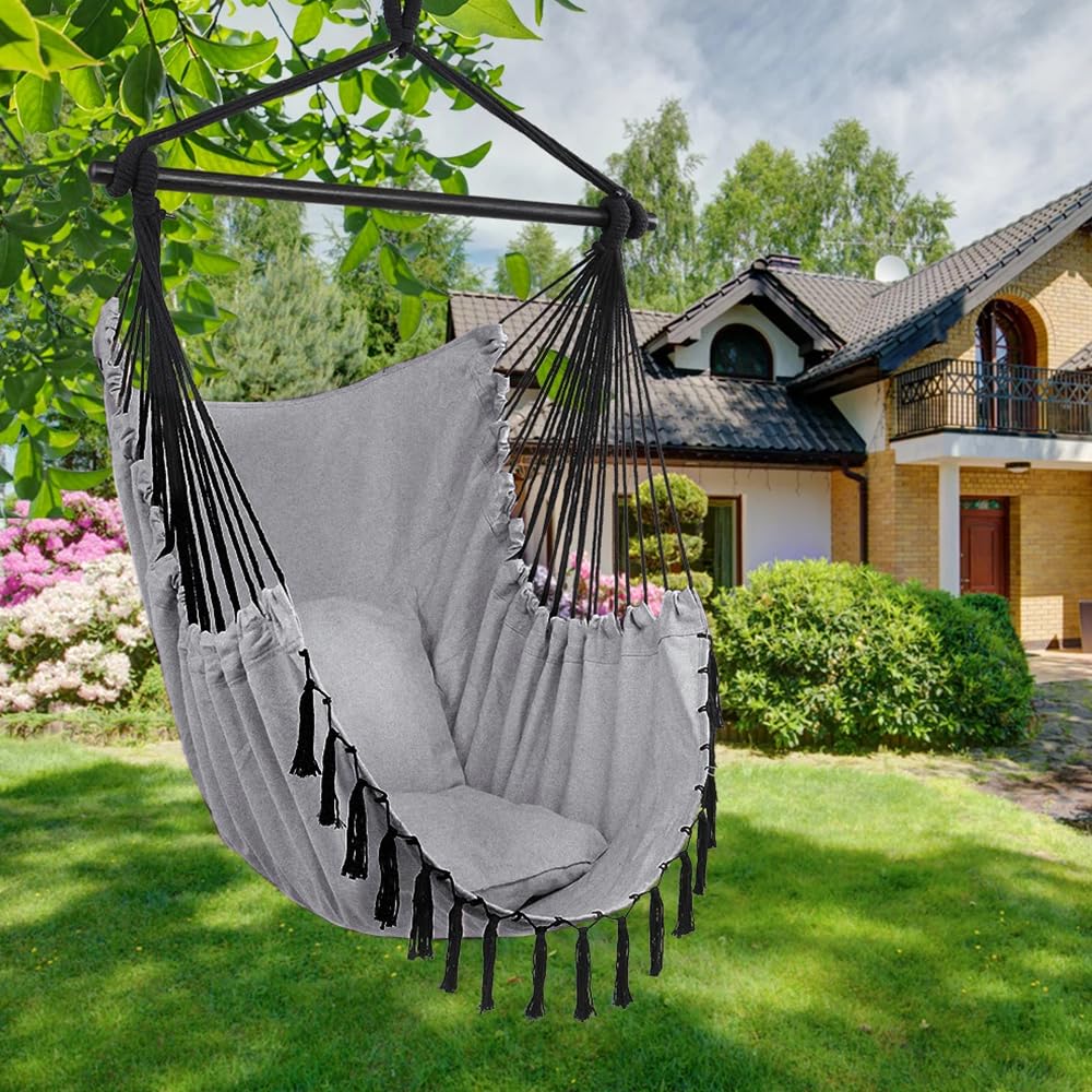 Outdoor & indoor hanging swing chair with 2 pillows & bag, XXL hanging chair for kids & adults up to 330 lbs, hammock swing for living room, bedroom, garden, terrace.