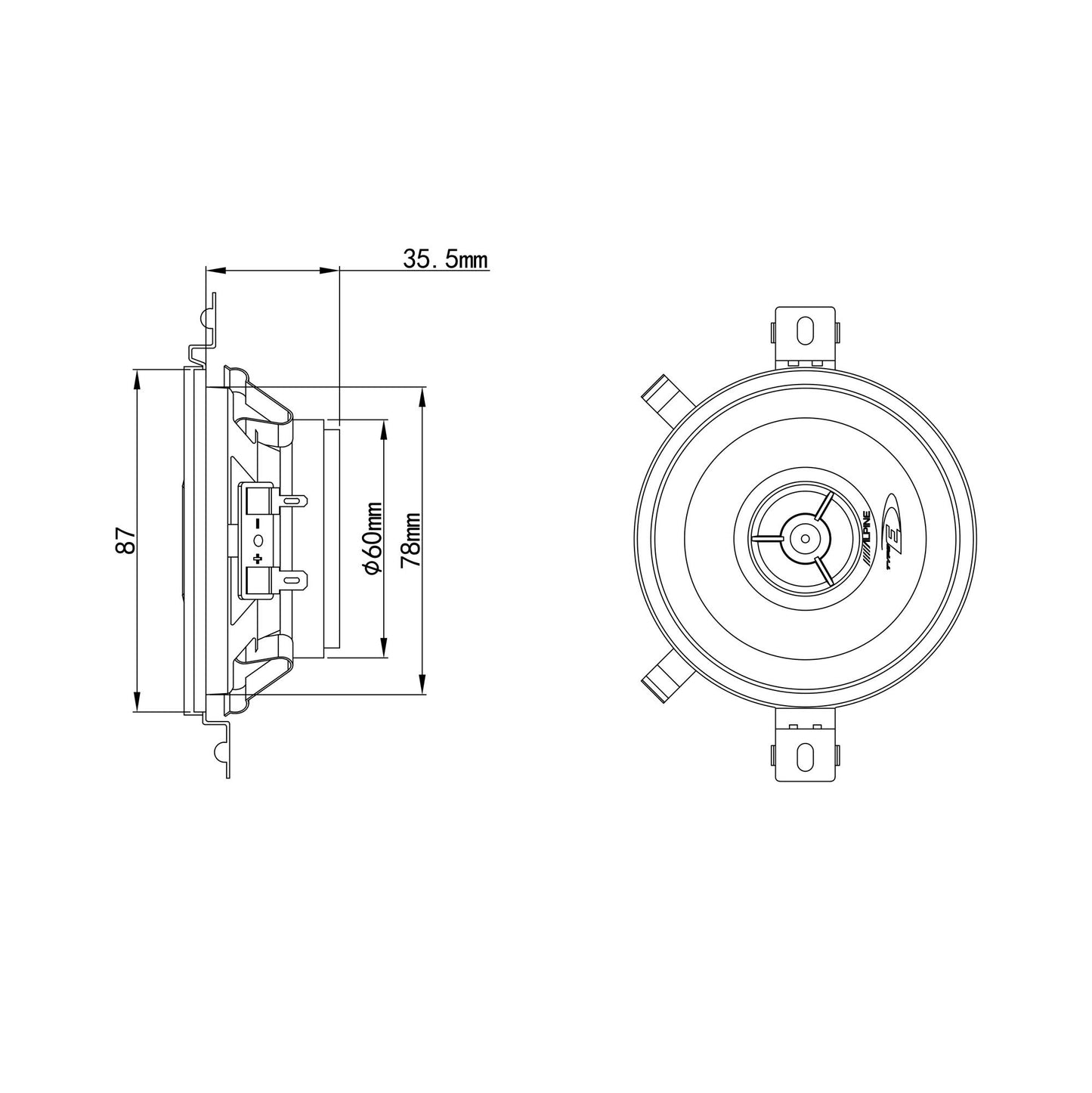 Alpine SXE-0825S 9 cm (3.5 inch) 2-way coaxial speakers & JVC CS-J420X 10 cm 2-way coaxial speakers, 2 pieces.
