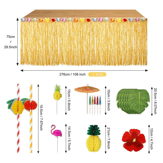 URBZUE Hawaii Party Decoration Set, 97PCS Tropical Party Decoration Set, Hawaii Luau Table Skirts, Garlands, Palm Leaves, Pineapple Flamingo Umbrella Fruit Straw Combination for BBQ, Garden Summer