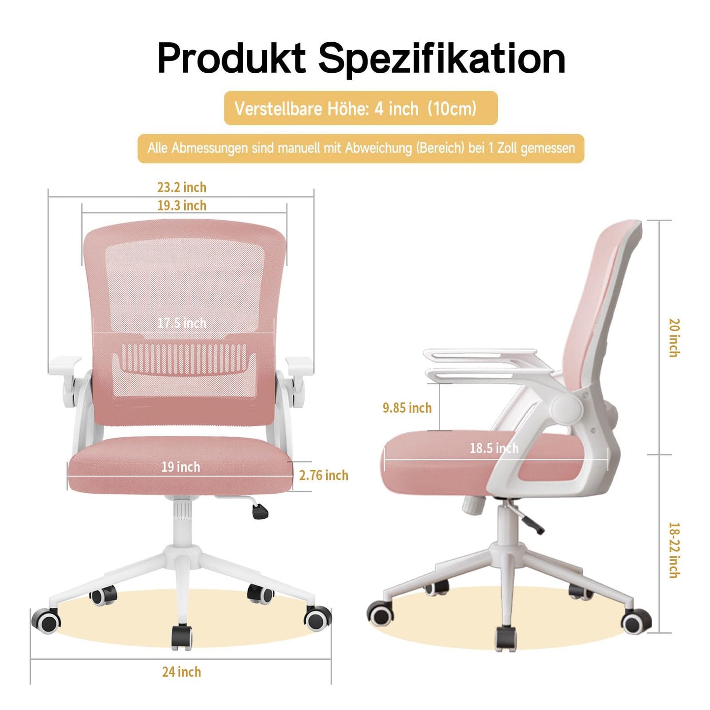 naspaluro office chair with foldable armrests, ergonomic desk chair with mesh backrest, lumbar support, height adjustable, rocking function, padded seat cushion, pink