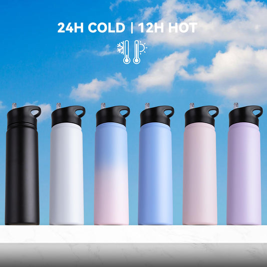 UMBFUN stainless steel water bottle - 750ml - with straw, leak-proof, suitable for carbonated drinks, BPA free thermos bottle (+2 lids) Vacuum double-wall insulation for sports, travel, camping, school, bike, gym.