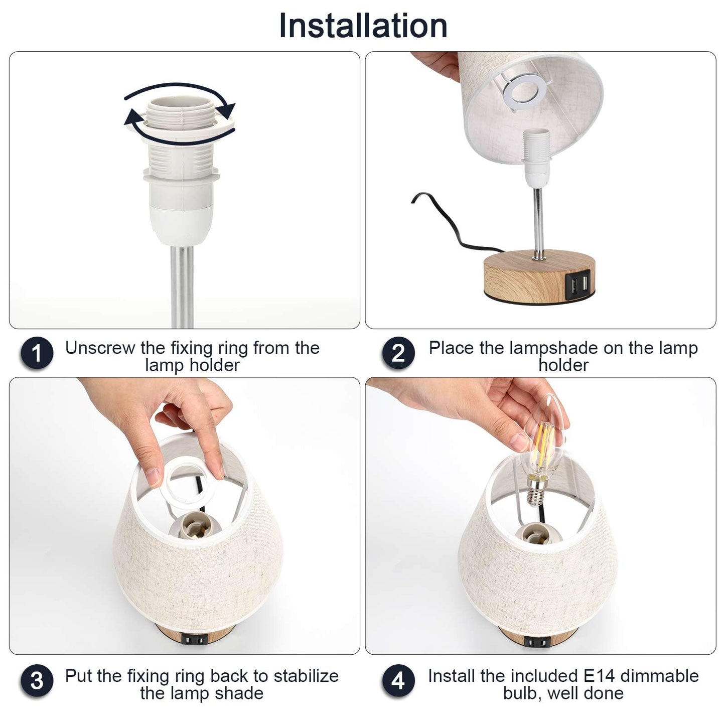 Lightess 2-pack bedside lamp touch dimmable table lamps USB LED desk lamps modern vintage with wood base retro fabric shade with E14 bulb warm white for living room bedroom table, beige