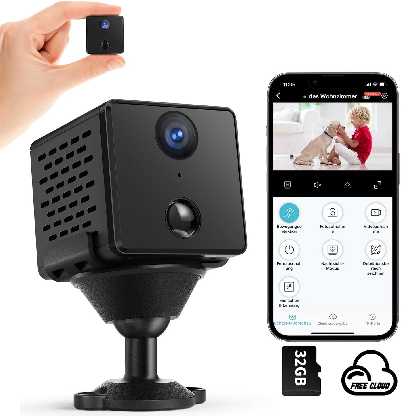 Mini Surveillance Camera | Free Cloud Storage & SD Card Storage | Smallest 4K HD Wifi Indoor Camera for Home Security | Night Vision, Motion Detection | 3000mAH Battery | with 32GB Memory Card