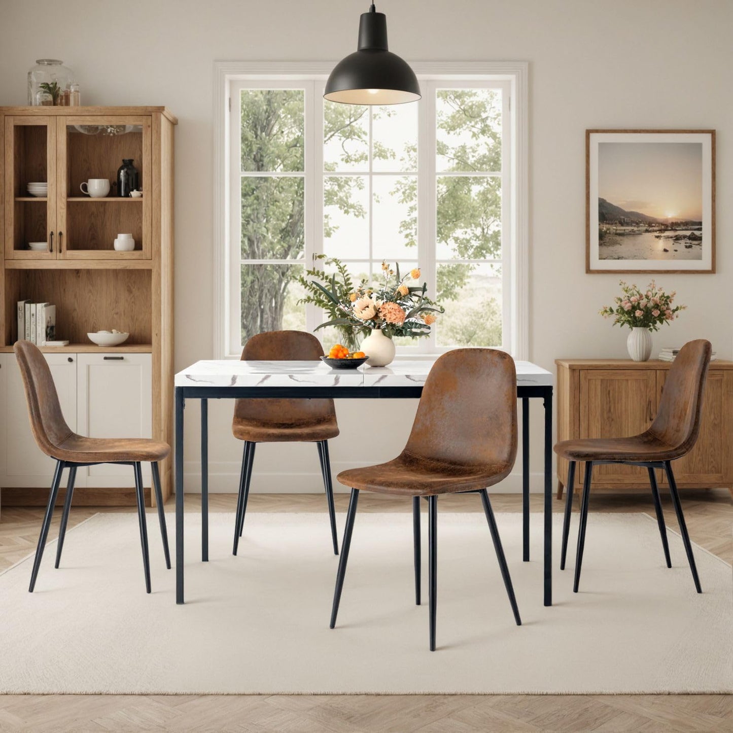 Homy Casa 4 Piece Dining Chairs Scandinavian Vintage Artificial Suede Seat with Steel Legs in Black