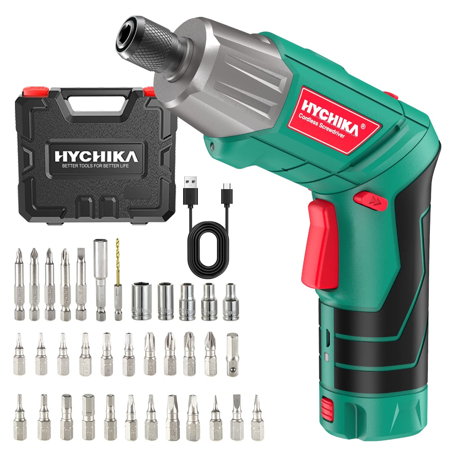 HYCHIKA cordless drill, 6N·m torque 2000mAh 3.6V battery with 35 accessories, LED light and flashlight, battery drill with USB cable and storage box.