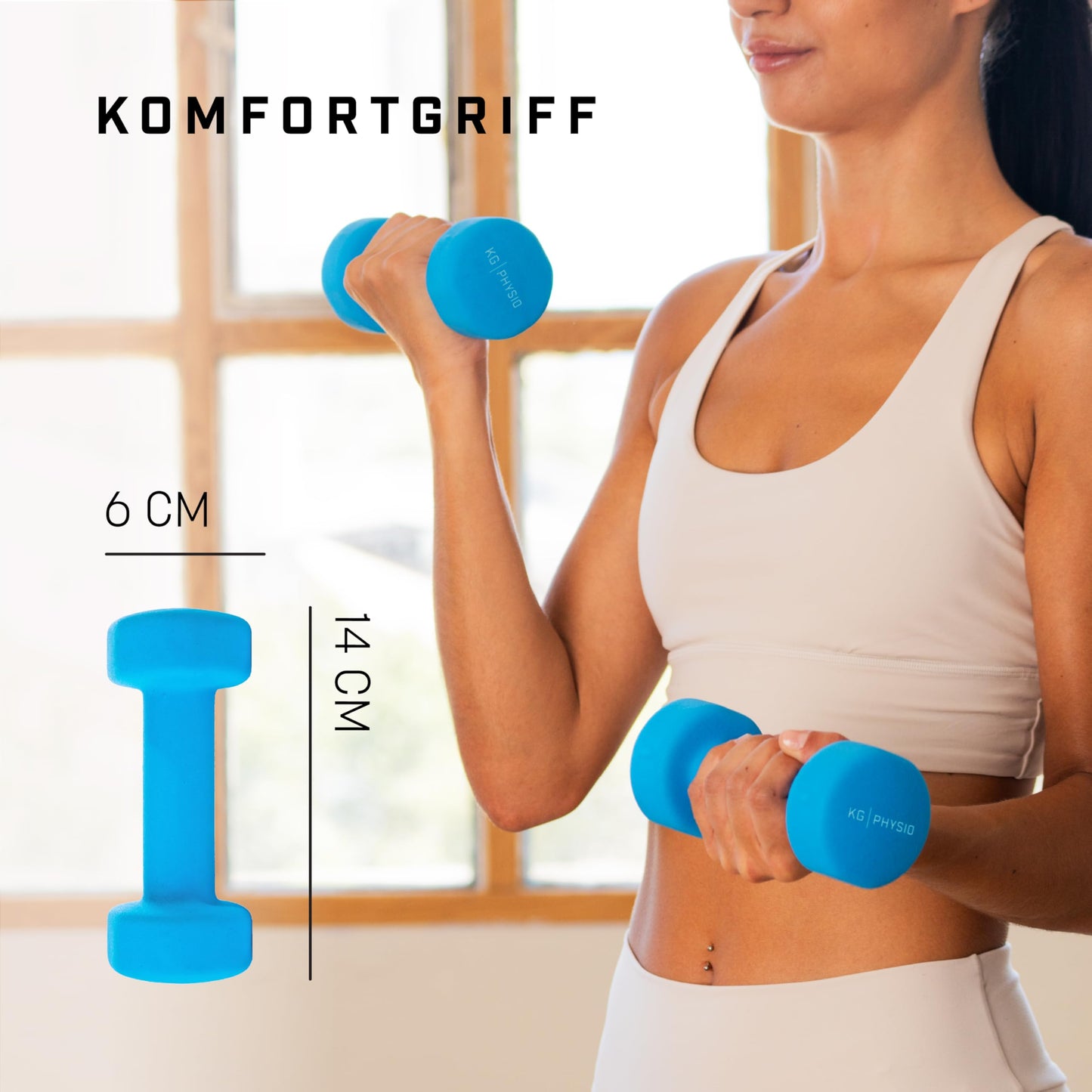 KG PHYSIO neoprene dumbbell set - Includes fitness poster with 32 exercises, sweat-resistant 2-piece set of cast iron dumbbells, non-slip & grippy fitness weights for women and men.