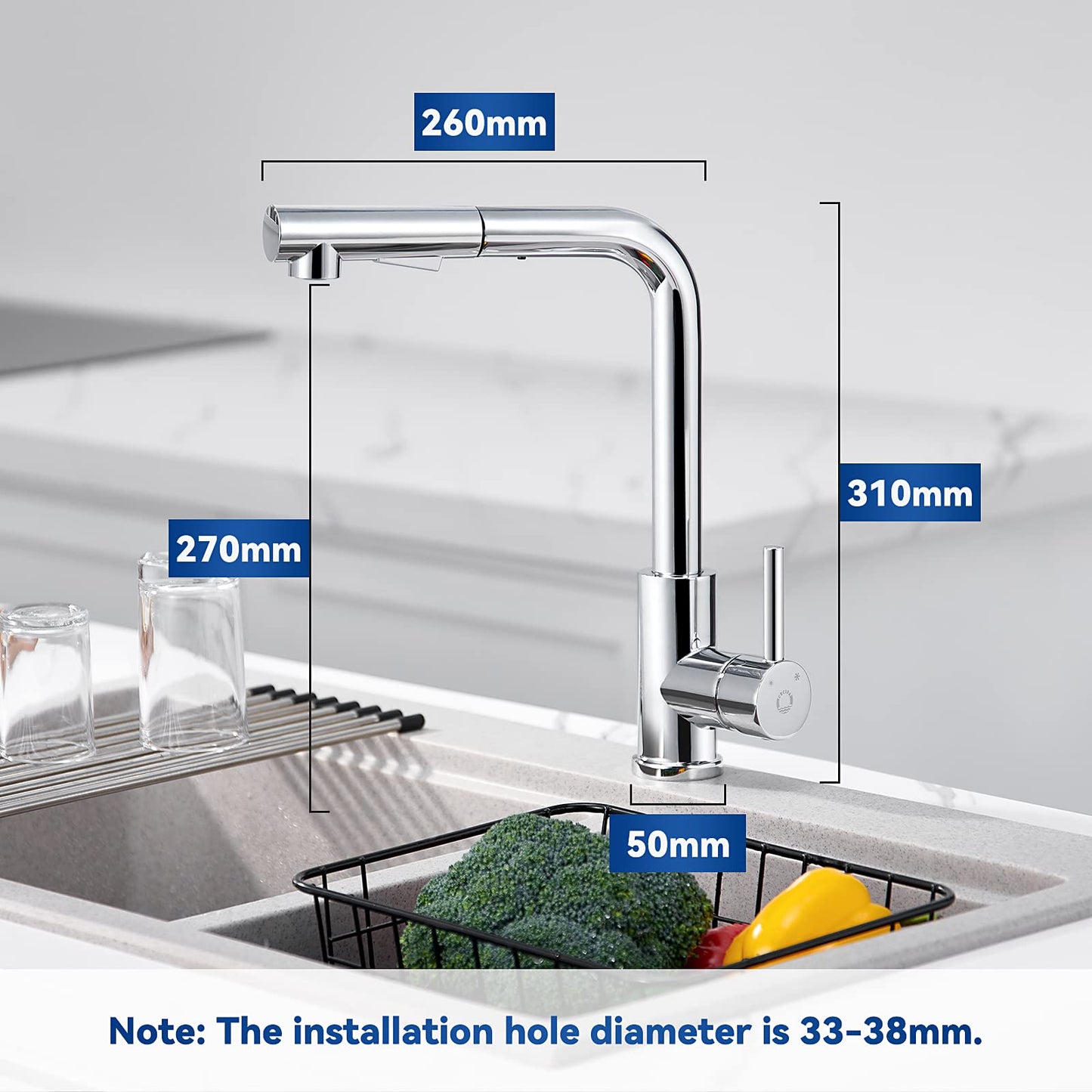 Pull-Out Kitchen Faucet, CECIPA High Pressure Kitchen Tap with Sprayer, Kitchen Mixer Tap with 2 Spray Modes, Single Lever Sink Mixer Stainless Steel Brushed, 360° Rotatable, Chrome