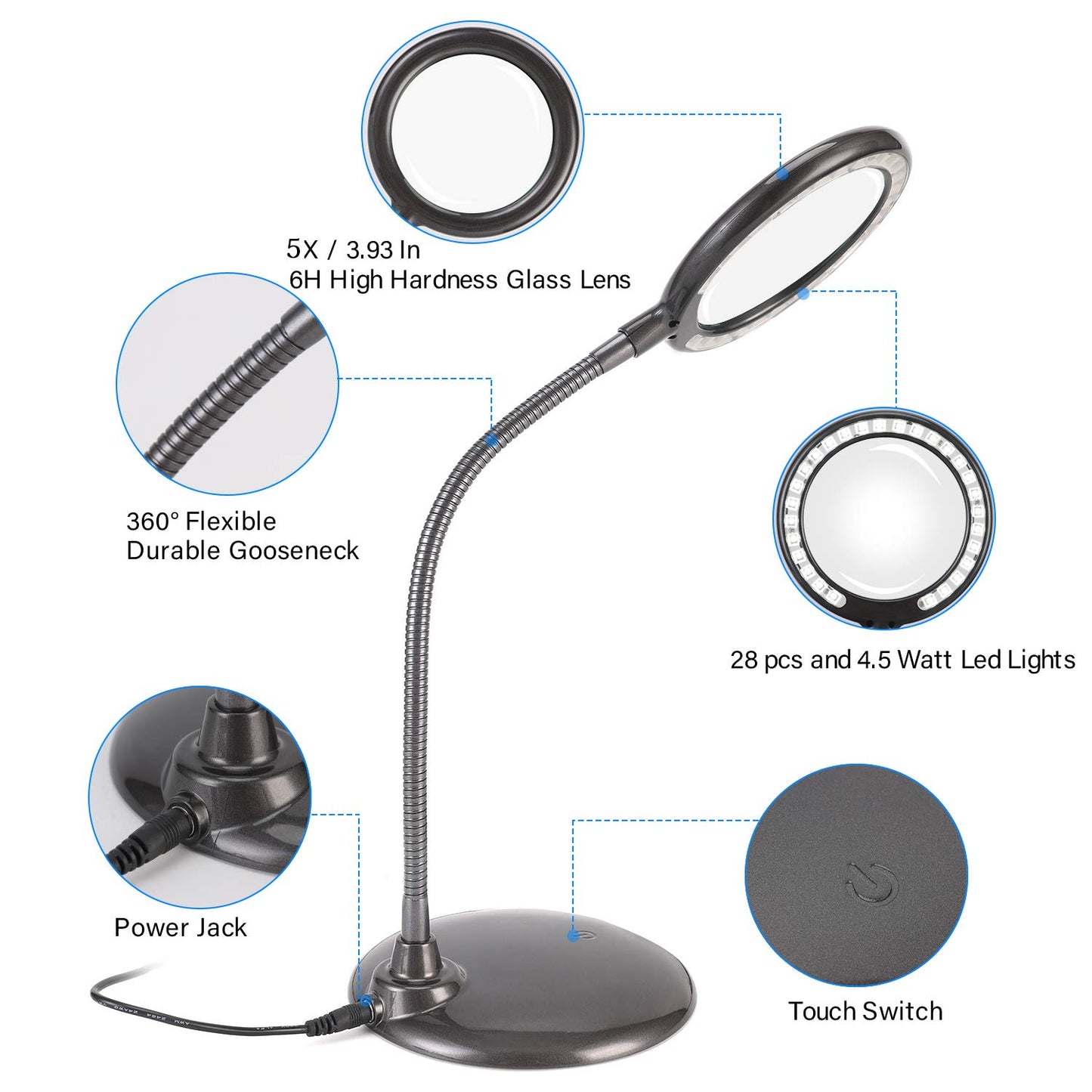 Raweao 5X magnifying glass with light and stand battery, rechargeable LED magnifying lamp, LED magnifying lamp with base, desk lamp with magnifying glass for reading, sewing, jewelers, model building (black)