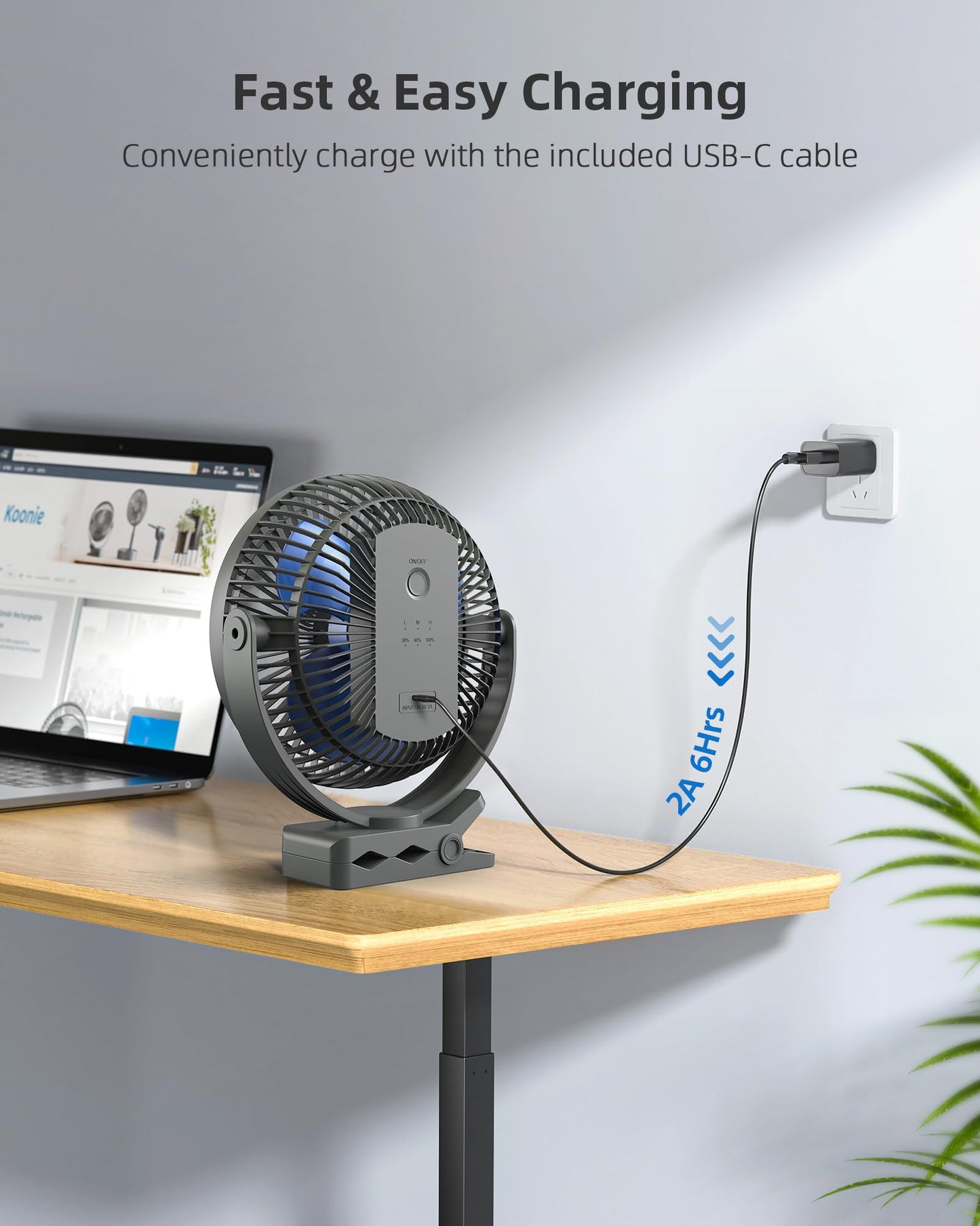 Koonie USB Clip Fan, 10000mAh USB Fan, Portable 20cm Desk Fan, 4 Speeds & 360° Rotation, Quiet Wall Fan, Fan for home, office, stroller, camping, grow tent