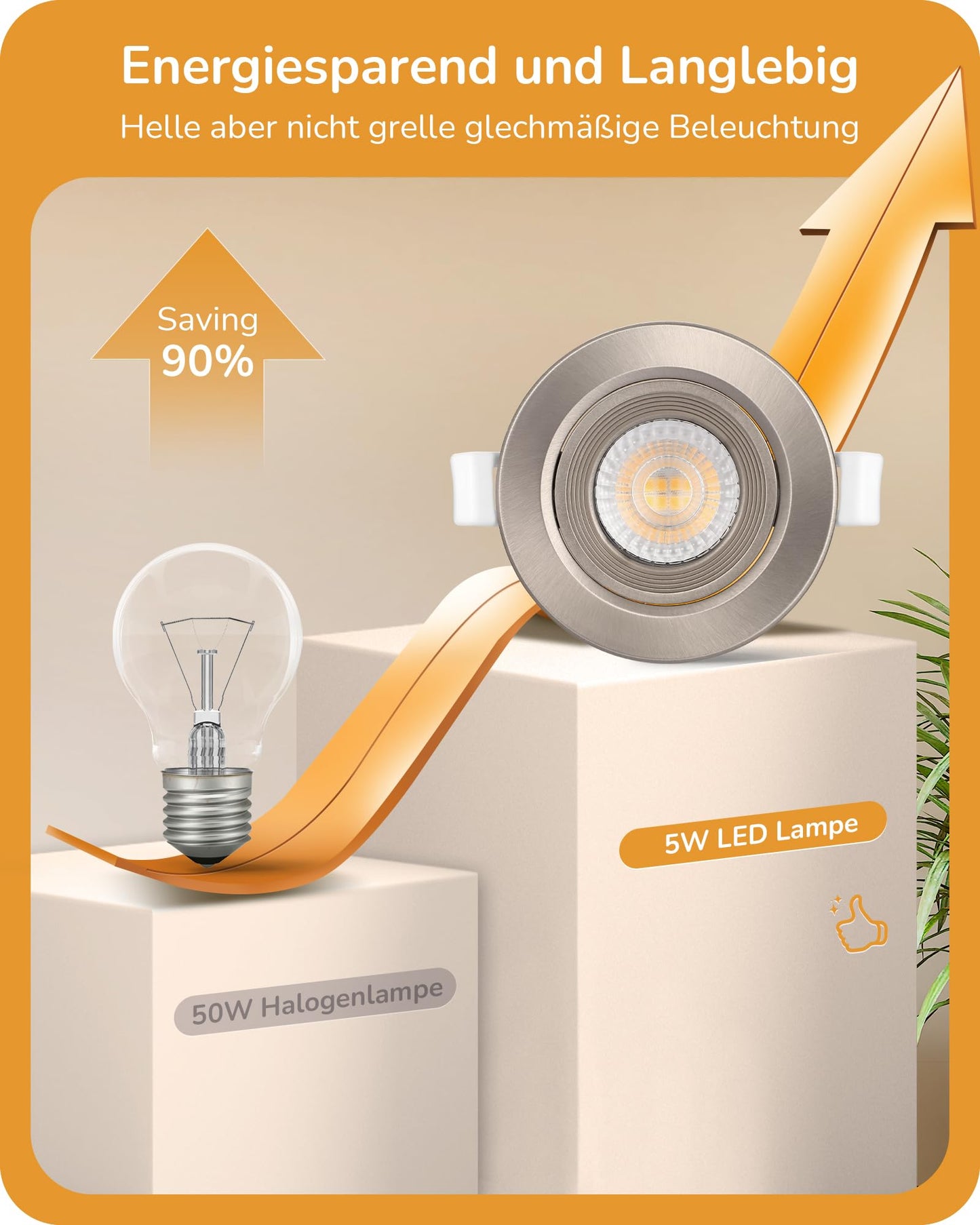 EDISHINE LED Recessed Lights 230V, Flat Dimmable LED Spots, 64mm Swiveling Recessed Lights, Warm White 3000K, 5W 400LM Recessed Lights, Replacement for 50W Halogen Lamp, Nickel Color, 10-Piece Set