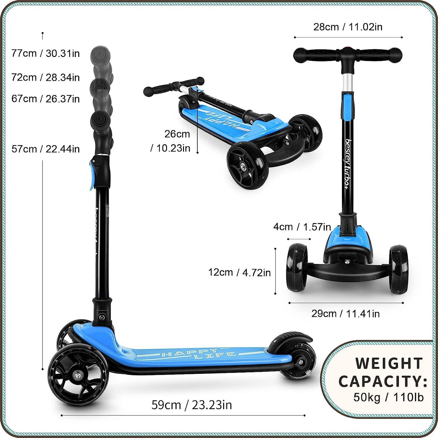 Besrey Kids Scooter, the safe three-wheel scooter with PU LED light-up wheels, foldable adjustable height, lightweight and can hold up to 50 kg, suitable for toddler boys and girls.